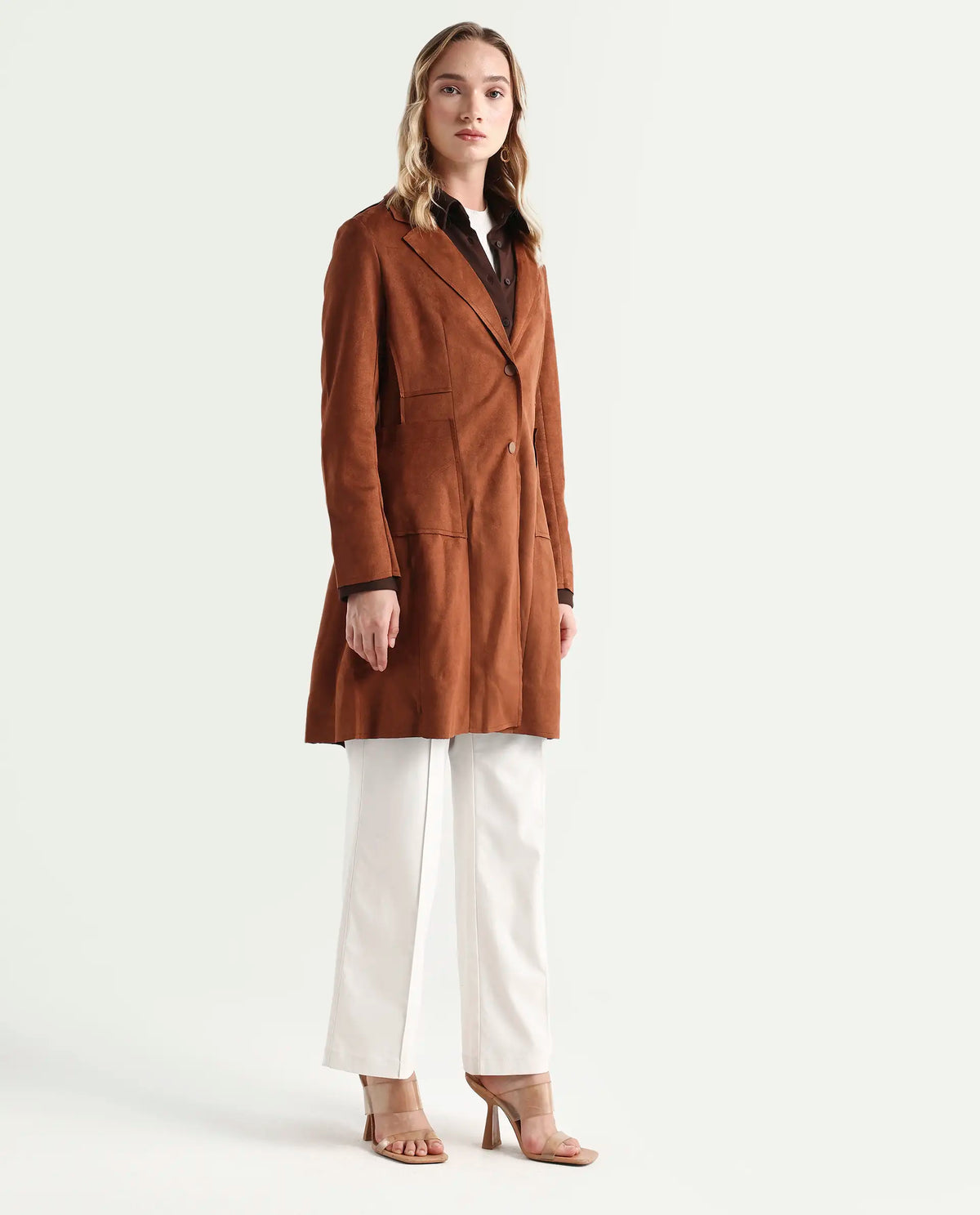 Rareism Women's Gawler Tan Polyester Blend Lapel Neck Plain Regular Fit Jacket