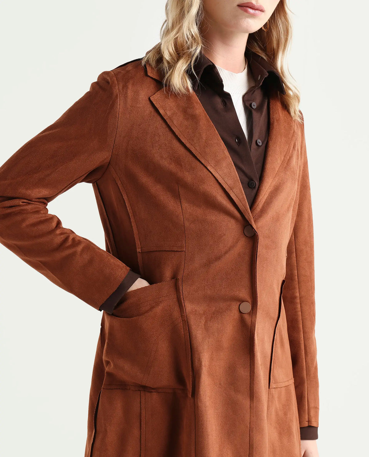 Rareism Women's Gawler Tan Polyester Blend Lapel Neck Plain Regular Fit Jacket