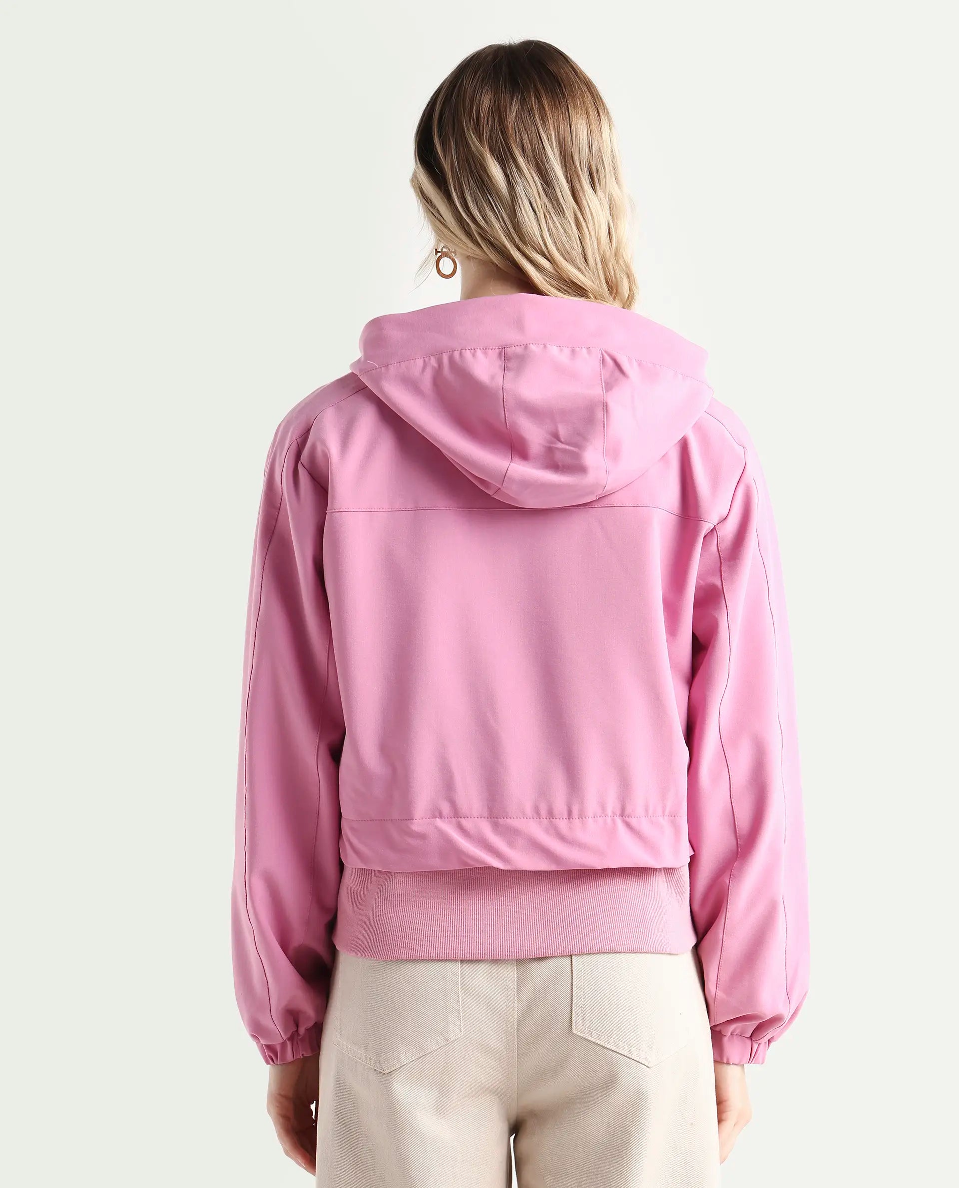 Rareism Women's Hoian Dusky Pink Polyester Blend Stand Collar Plain Ribbed Sleeve Boxy Fit Jacket