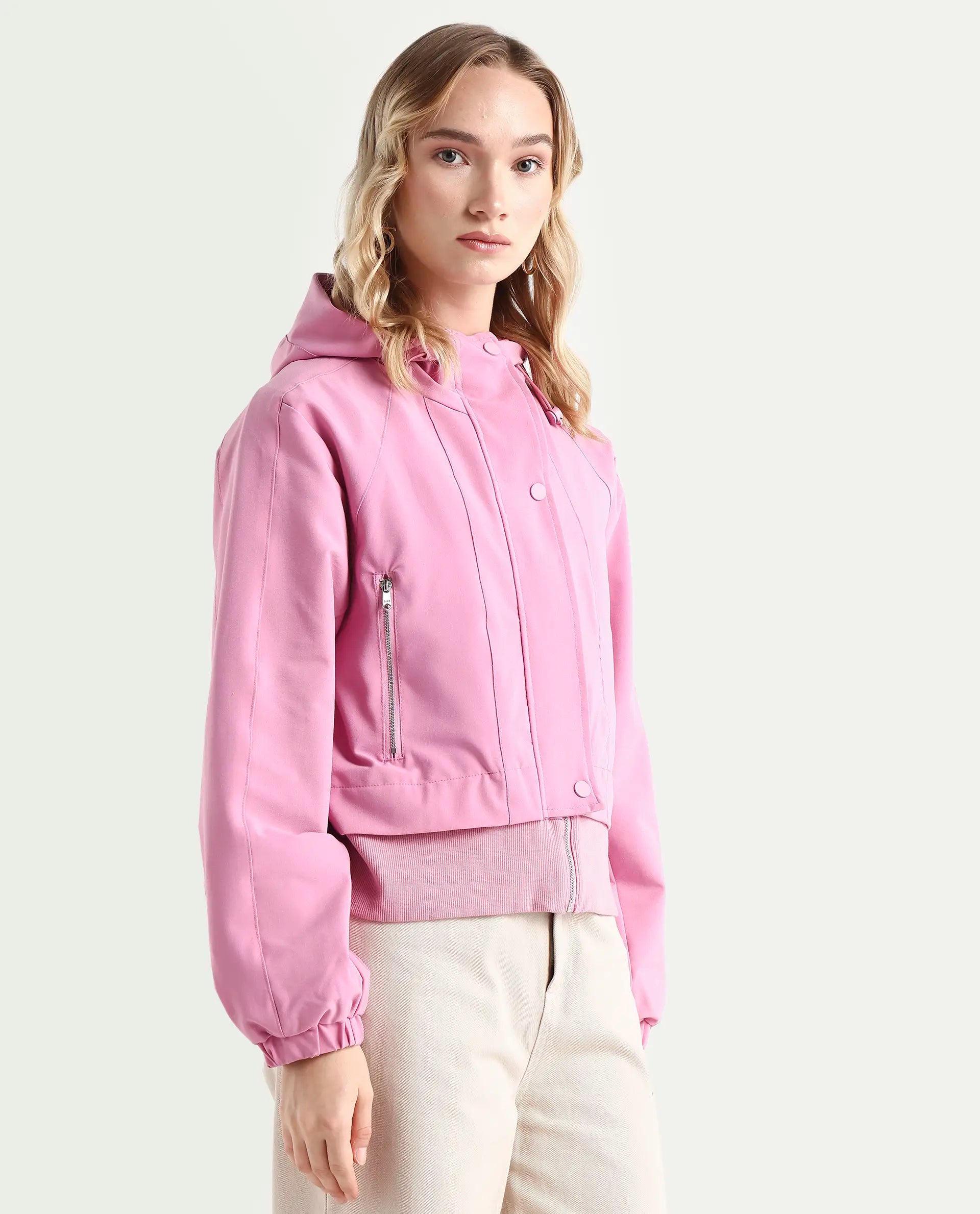 Rareism Women's Hoian Dusky Pink Polyester Blend Stand Collar Plain Ribbed Sleeve Boxy Fit Jacket