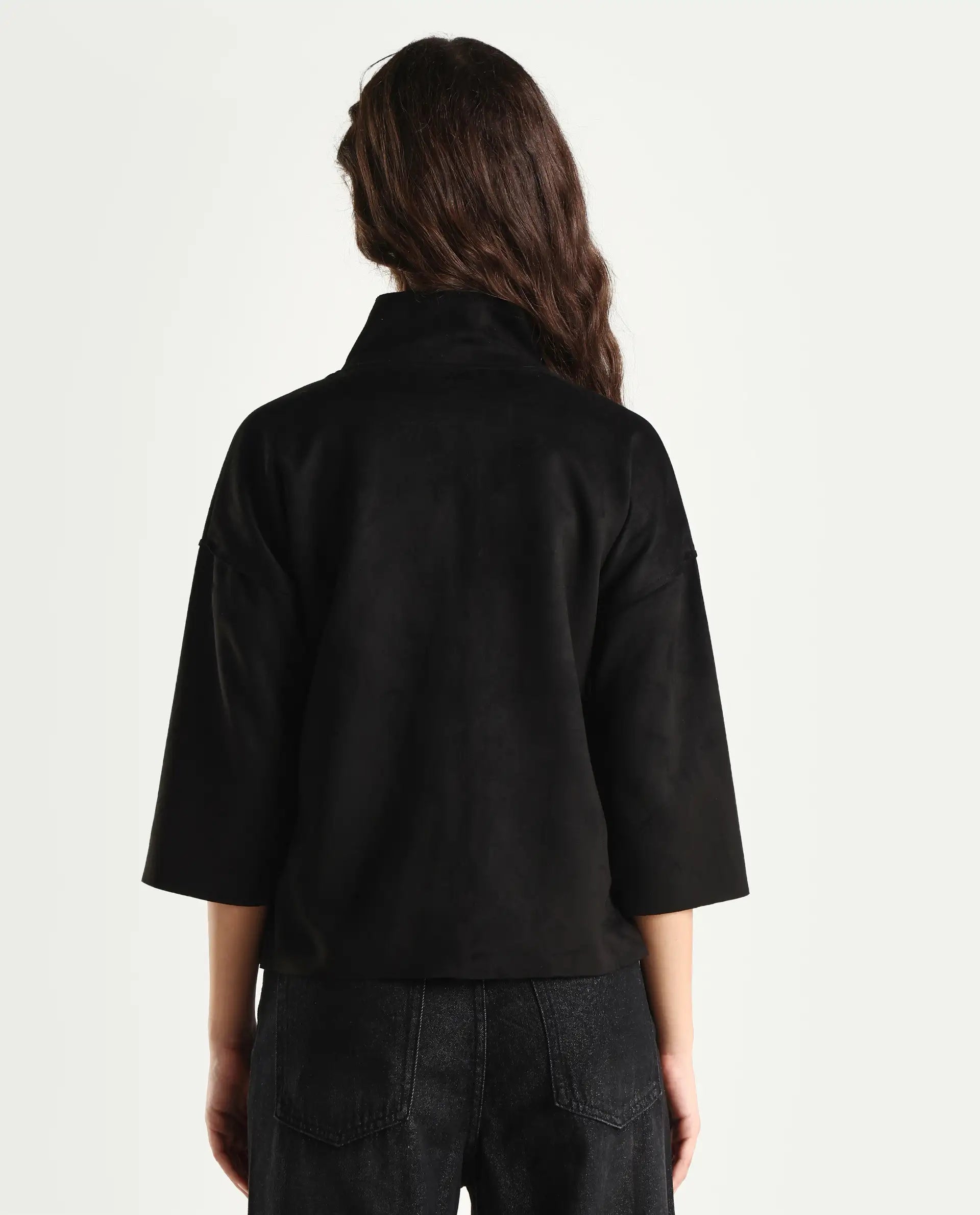Rareism Women's Vasu 2 Black Polyester Blend Stand Collar Plain Boxy Fit Jacket