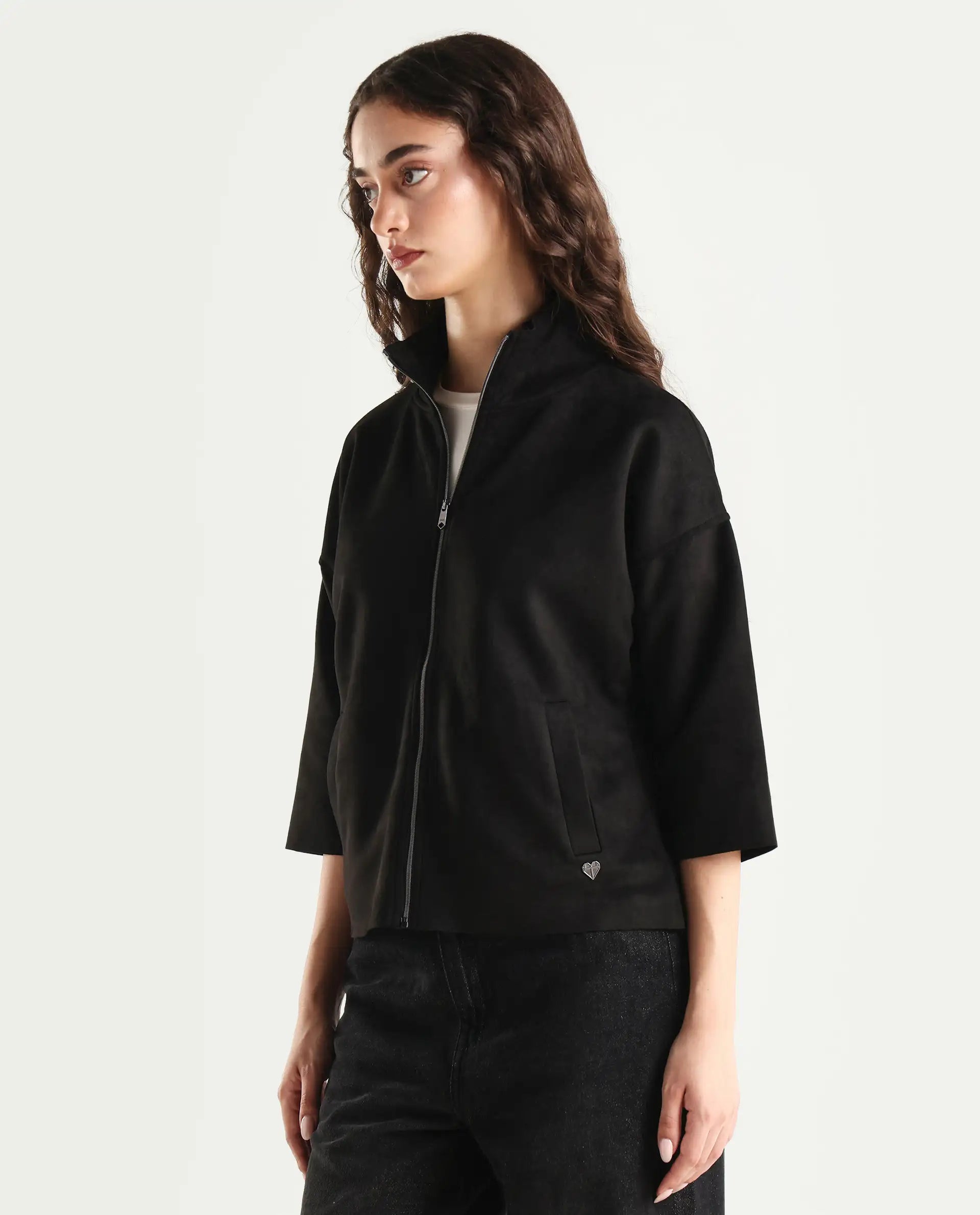 Rareism Women's Vasu 2 Black Polyester Blend Stand Collar Plain Boxy Fit Jacket