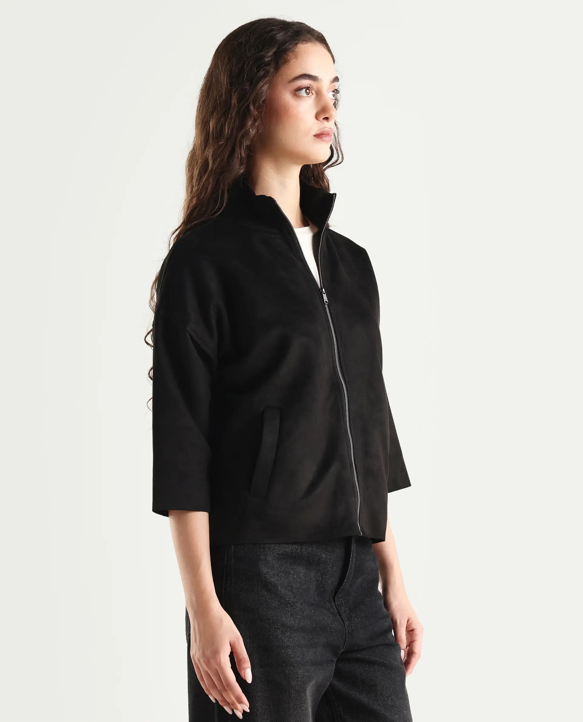 Rareism Women's Vasu 2 Black Polyester Blend Stand Collar Plain Boxy Fit Jacket