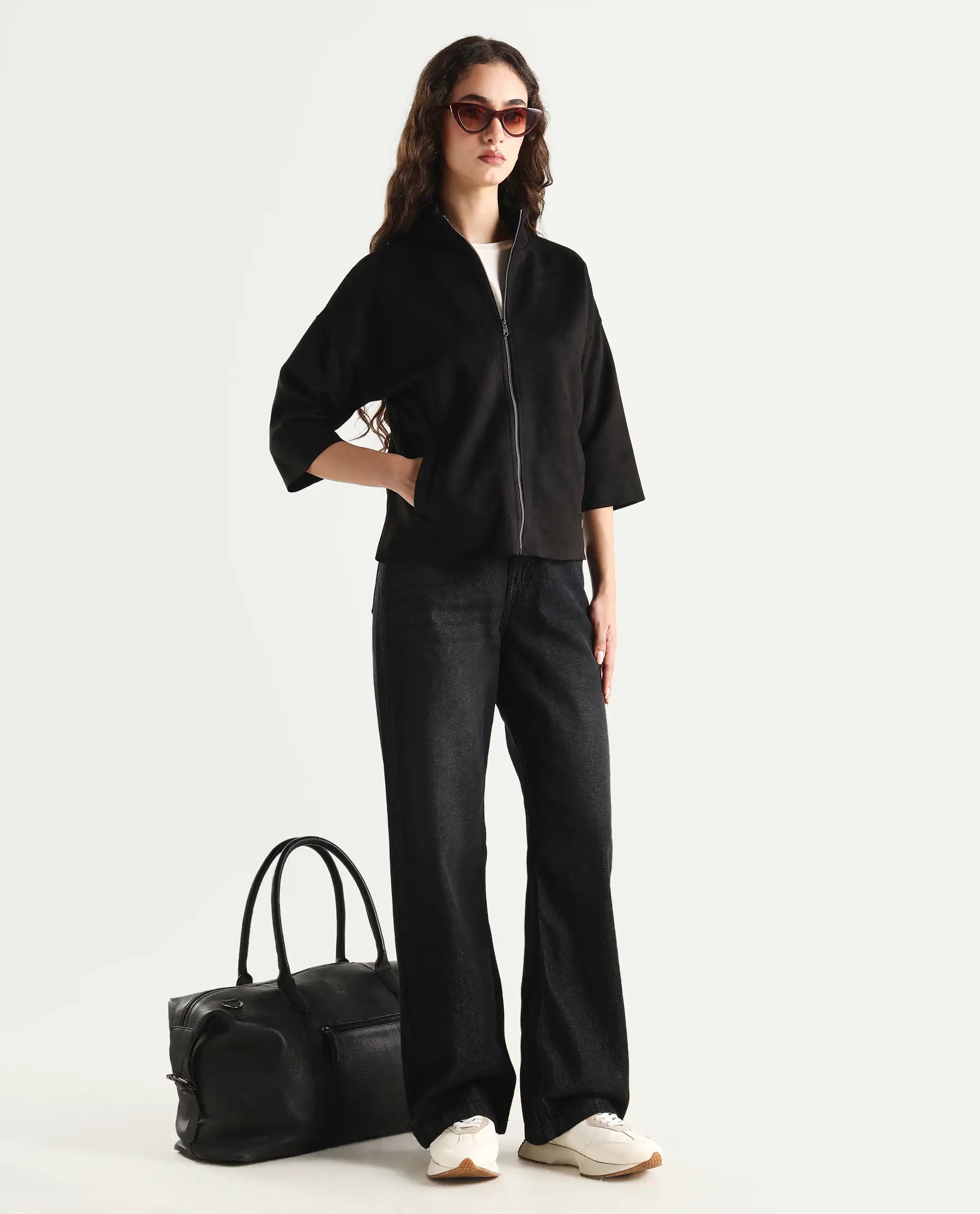 Rareism Women's Vasu 2 Black Polyester Blend Stand Collar Plain Boxy Fit Jacket