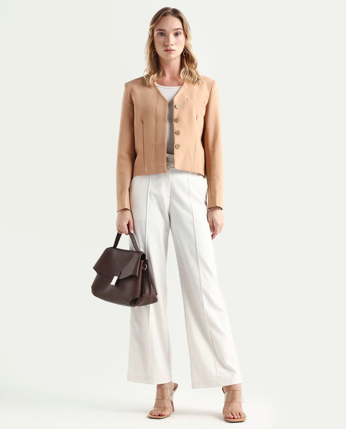 Rareism Women's Castlei Beige V-Neck Plain Regular Fit Jacket