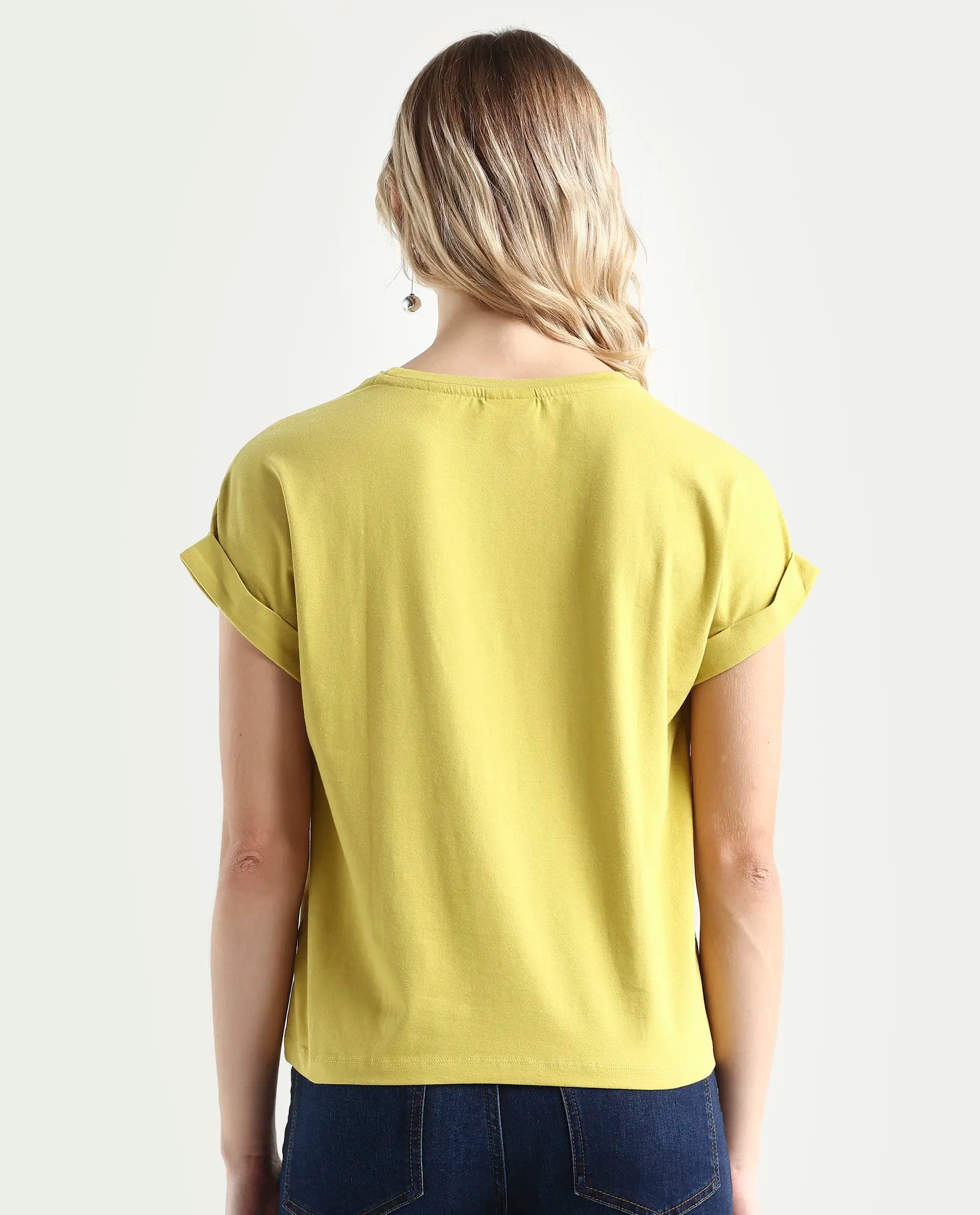 Rareism Women's Lefo Flouroscent Green Cotton Blend Crew Neck Graphic Print Extended Sleeves Relaxed Fit T-Shirt