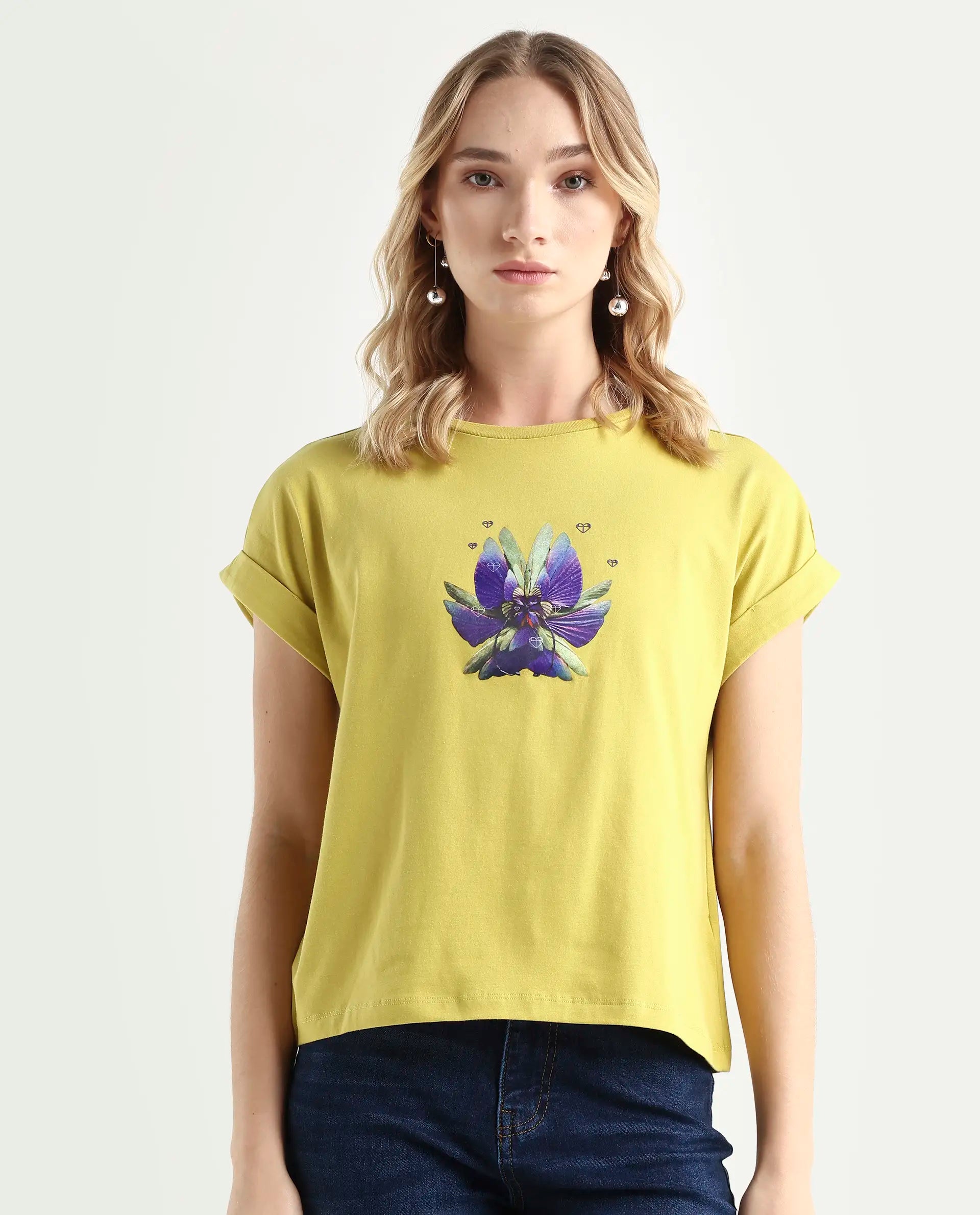 Rareism Women's Lefo Flouroscent Green Cotton Blend Crew Neck Graphic Print Extended Sleeves Relaxed Fit T-Shirt