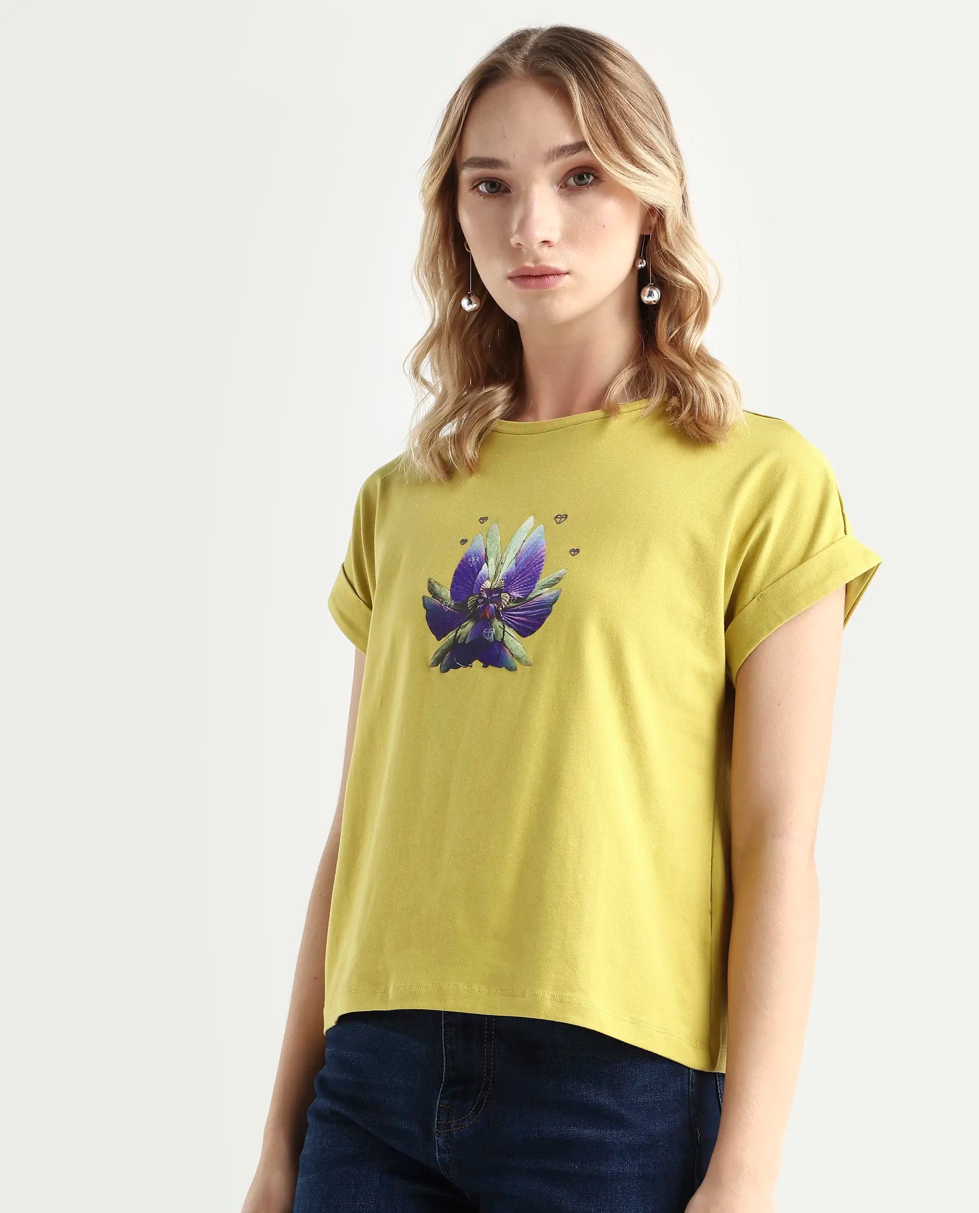 Rareism Women's Lefo Flouroscent Green Cotton Blend Crew Neck Graphic Print Extended Sleeves Relaxed Fit T-Shirt