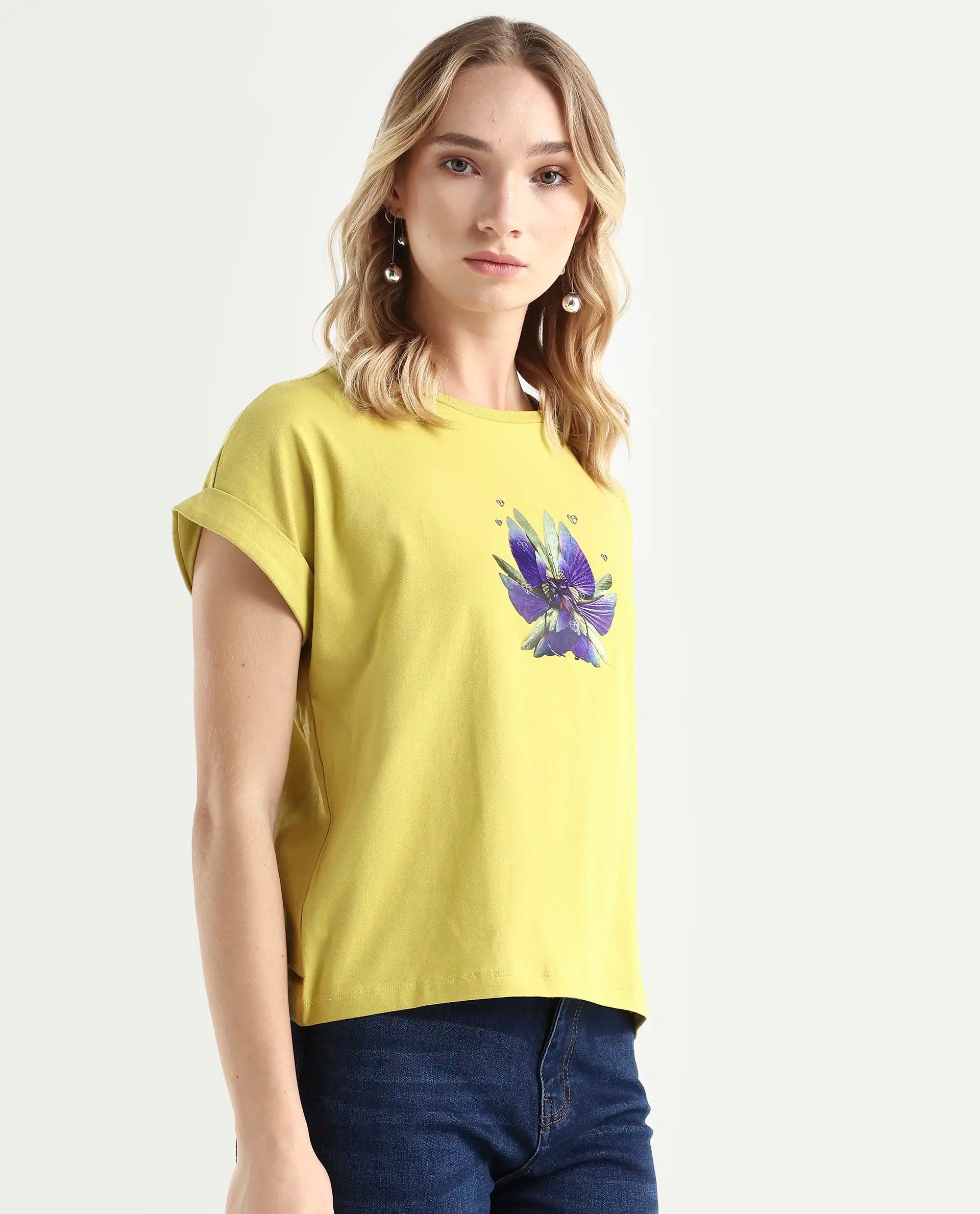 Rareism Women's Lefo Flouroscent Green Cotton Blend Crew Neck Graphic Print Extended Sleeves Relaxed Fit T-Shirt