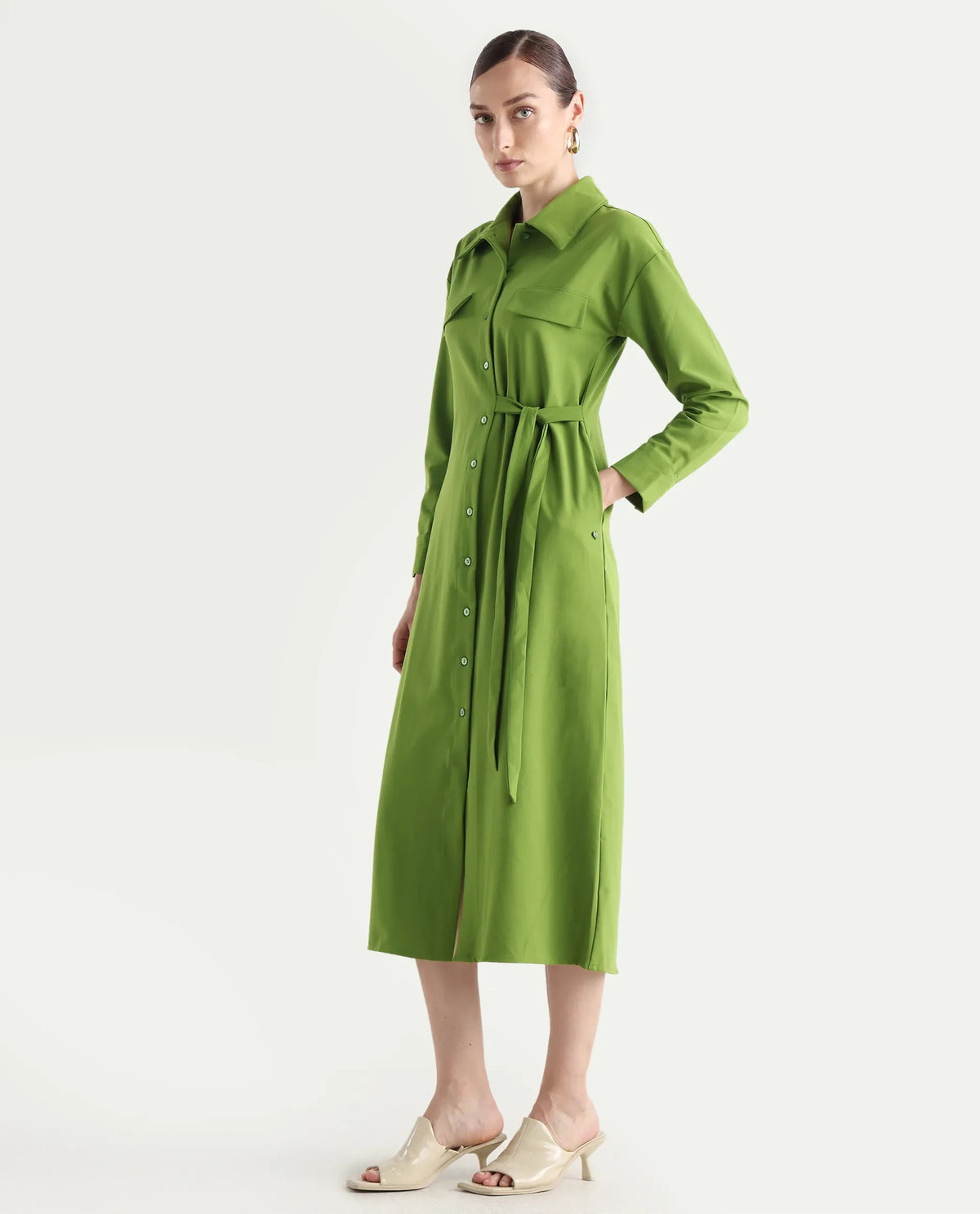 Rareism Women's Towoo Green Drop Collar Plain Cuffed Sleeve Maxi Regular Fit Jacket