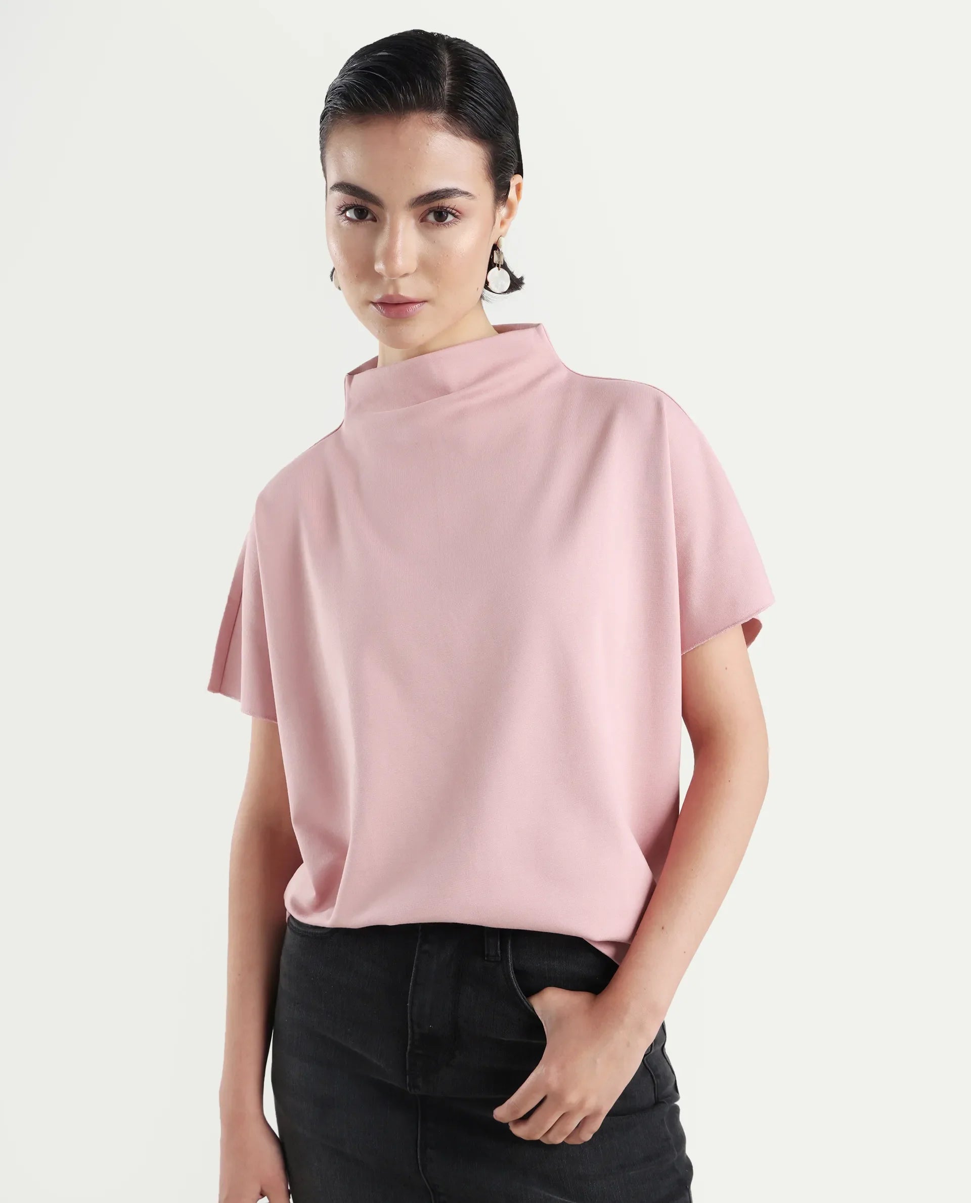 Rareism Women's Worknet Pink Cotton Blend High Neck Plain Extended Sleeves Relaxed Fit Top