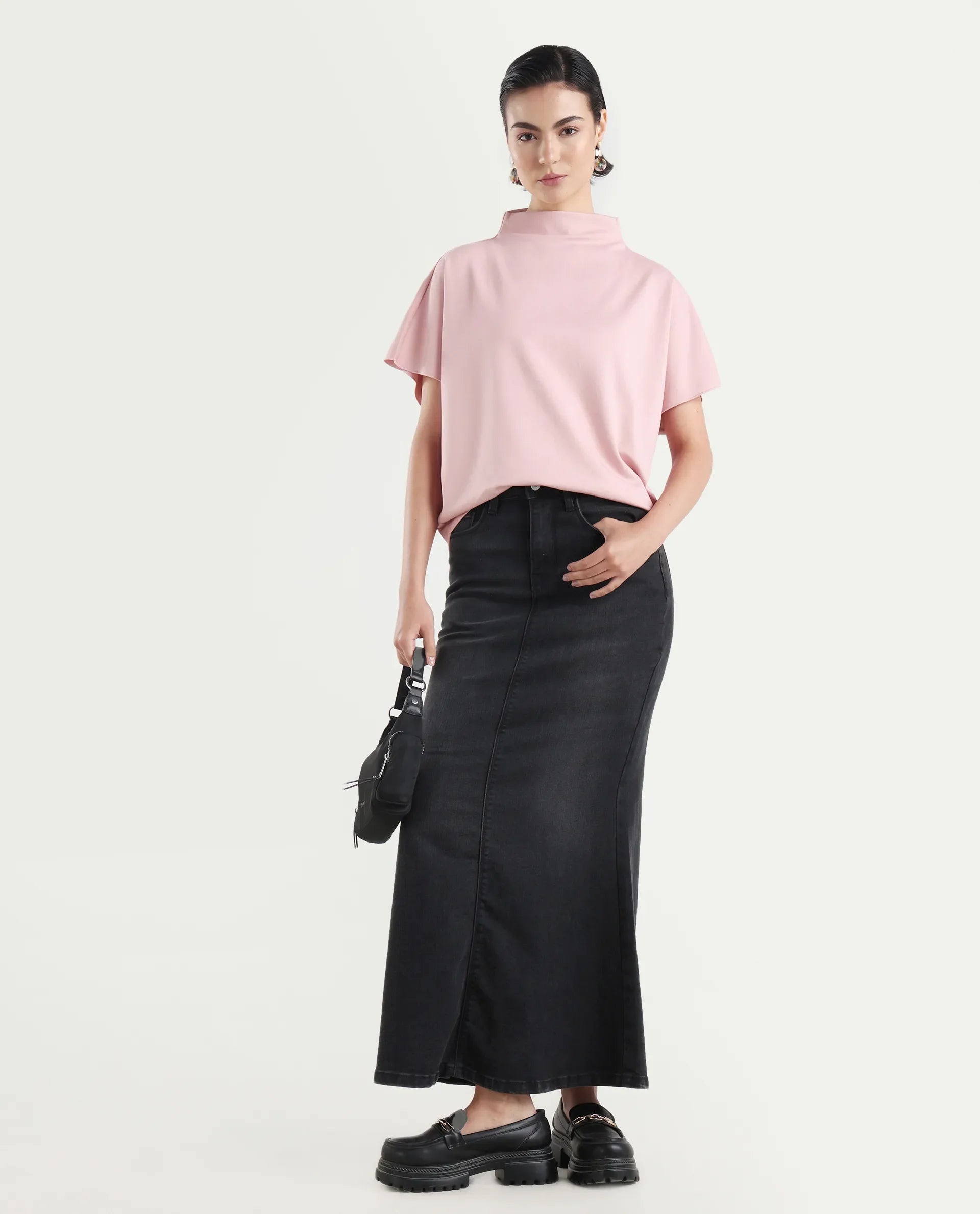 Rareism Women's Worknet Pink Cotton Blend High Neck Plain Extended Sleeves Relaxed Fit Top