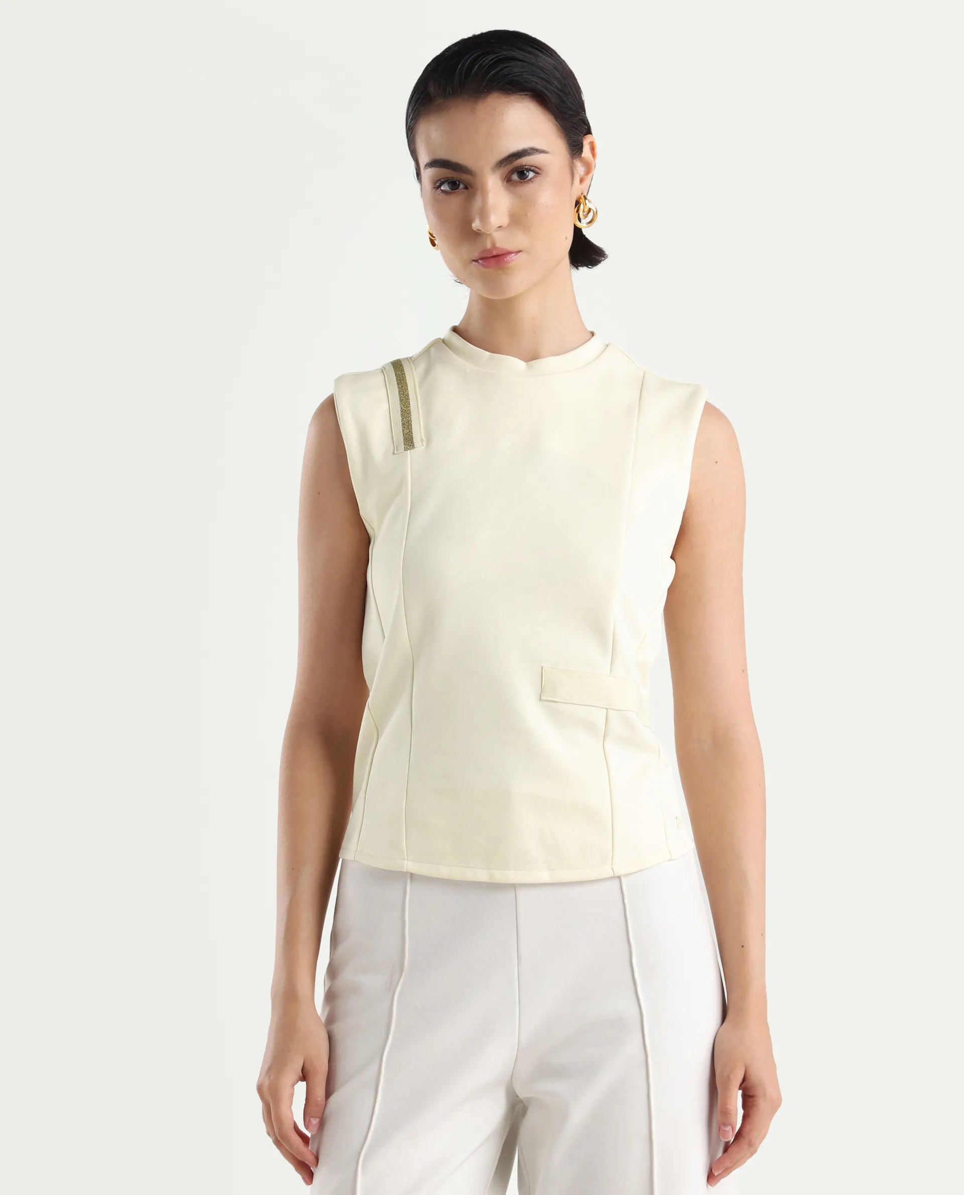 Rareism Women's Aytat Off White Cotton High Neck Plain Sleeveless Slim Fit Top