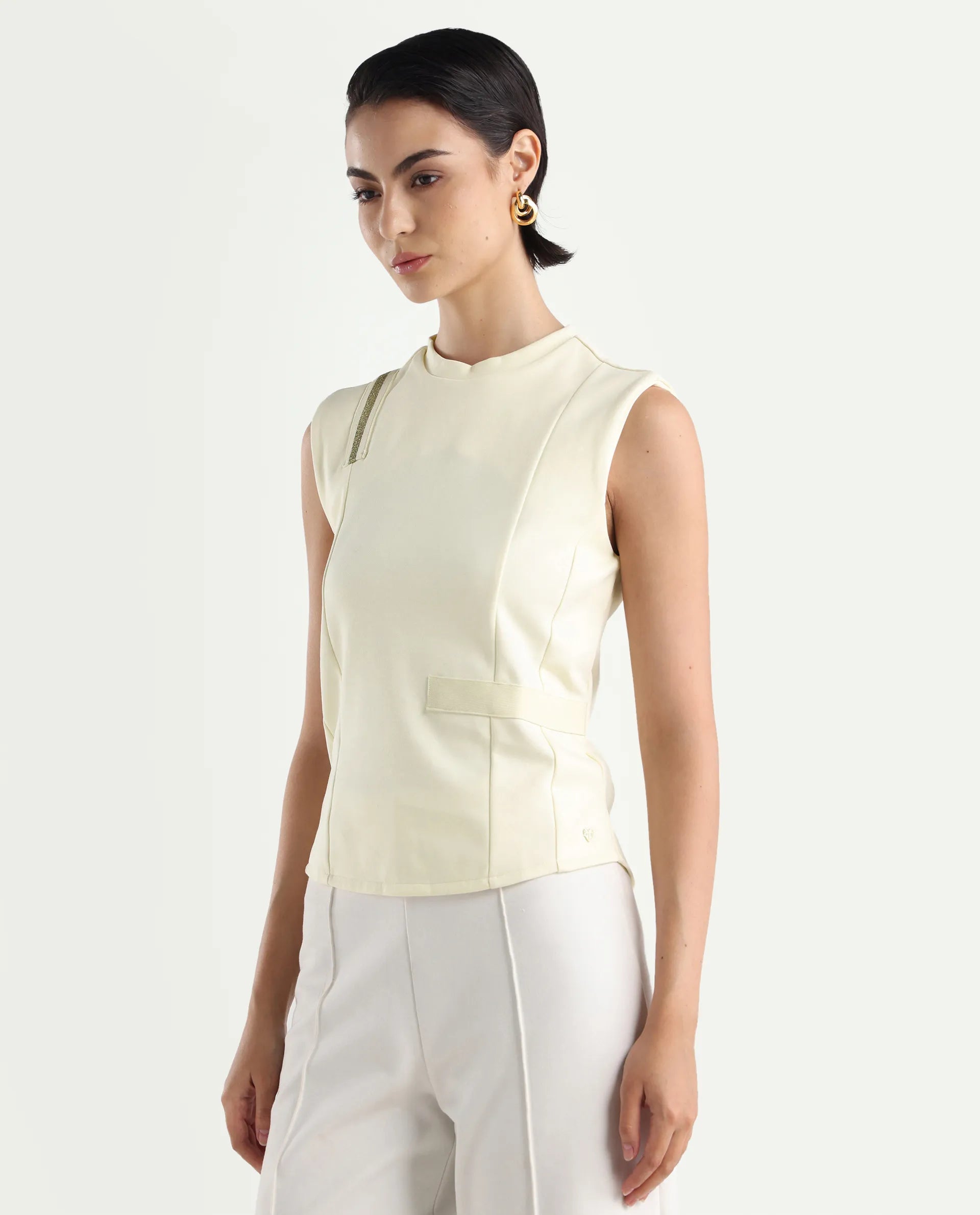 Rareism Women's Aytat Off White Cotton High Neck Plain Sleeveless Slim Fit Top