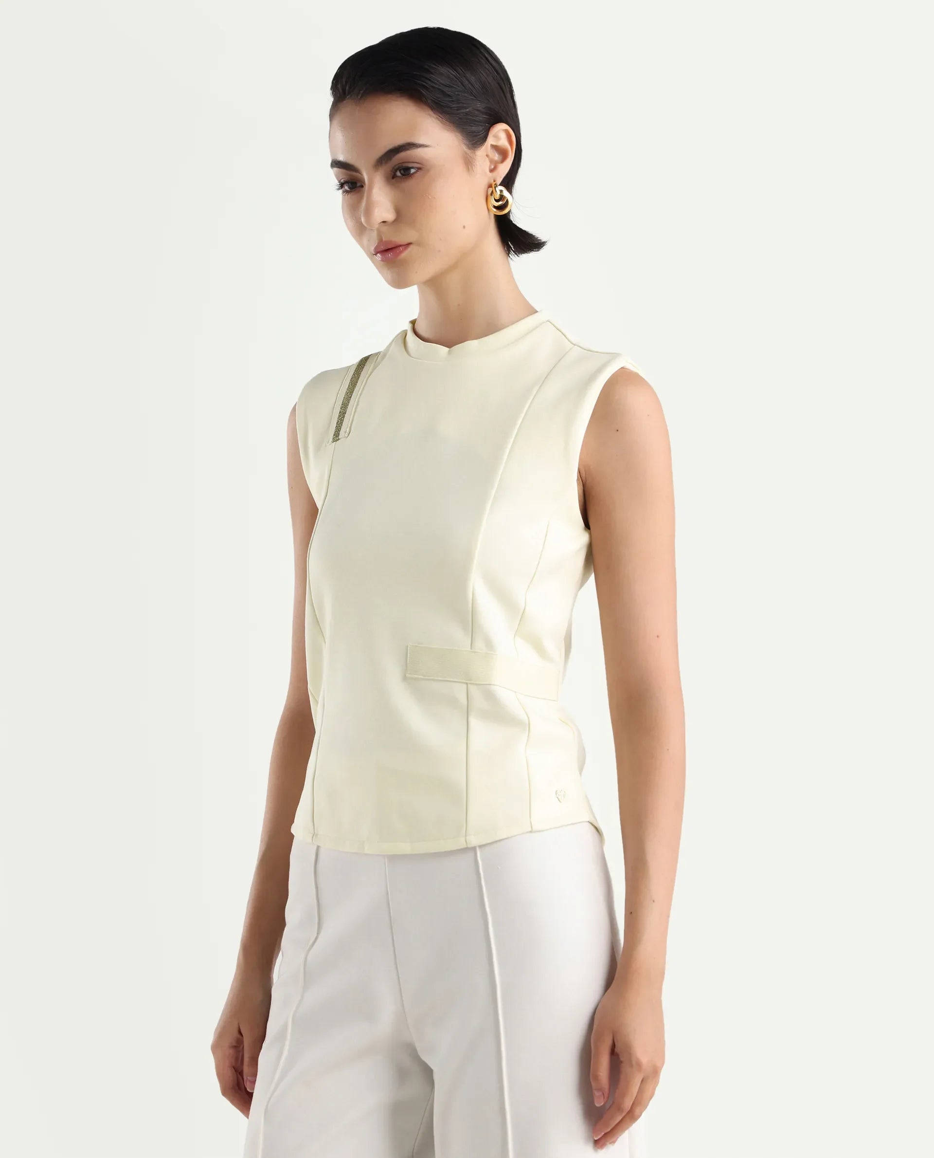 Rareism Women's Aytat Off White Cotton High Neck Plain Sleeveless Slim Fit Top