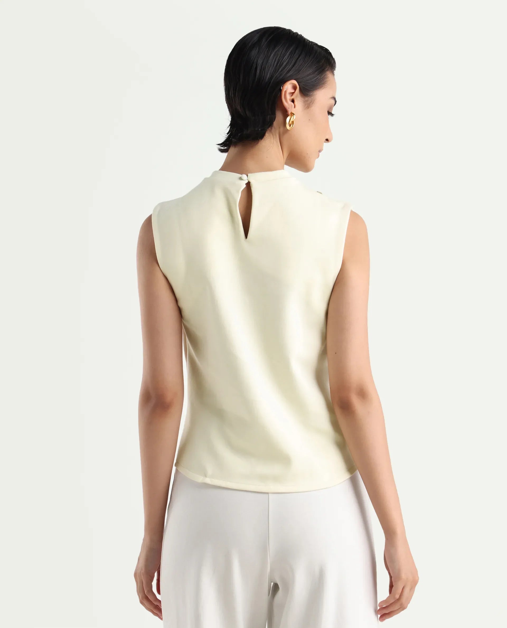 Rareism Women's Aytat Off White Cotton High Neck Plain Sleeveless Slim Fit Top