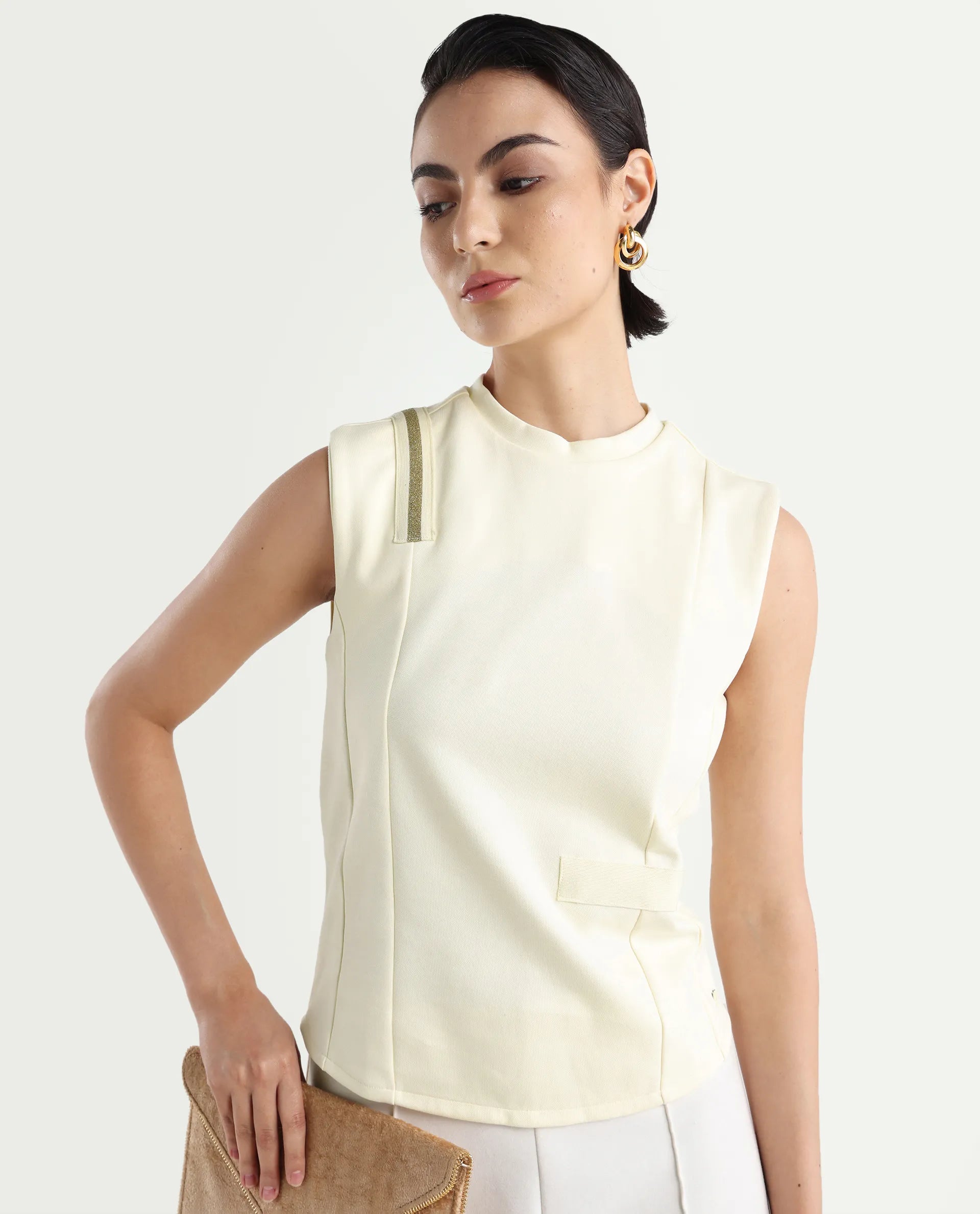 Rareism Women's Aytat Off White Cotton High Neck Plain Sleeveless Slim Fit Top