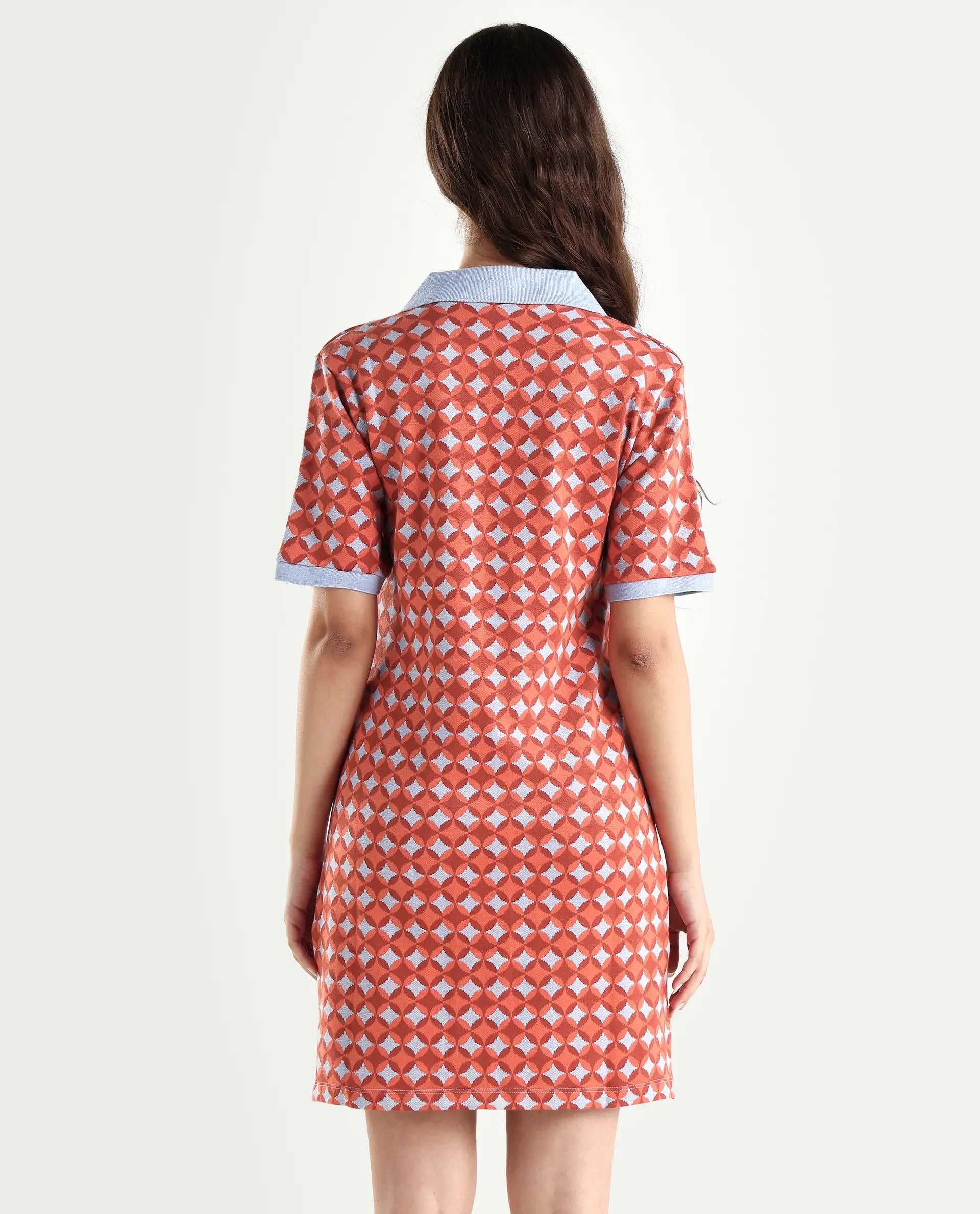 Rareism Women's Orri Multi Cotton Ribbed Collar Geometric Print Midi Relaxed Fit Dress