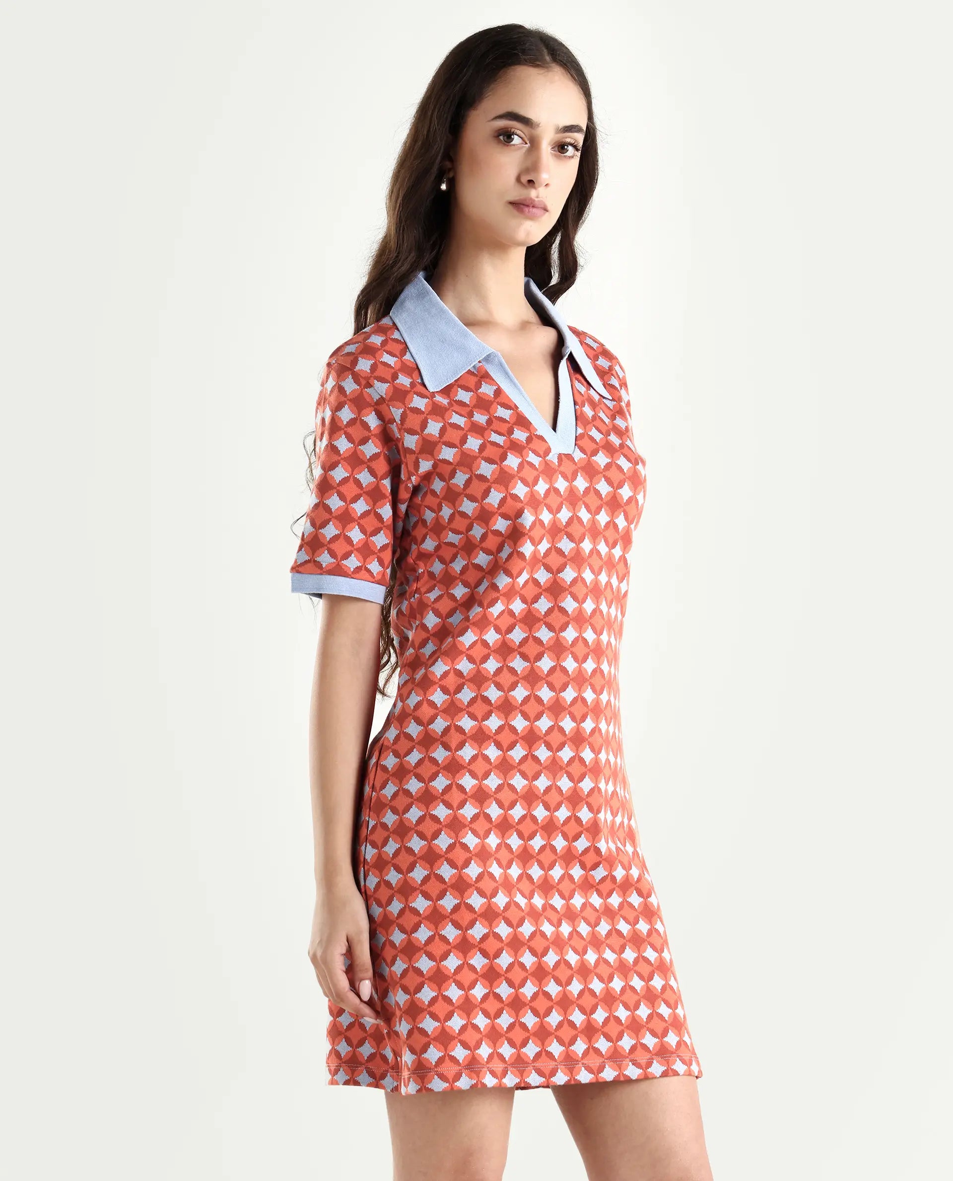 Rareism Women's Orri Multi Cotton Ribbed Collar Geometric Print Midi Relaxed Fit Dress