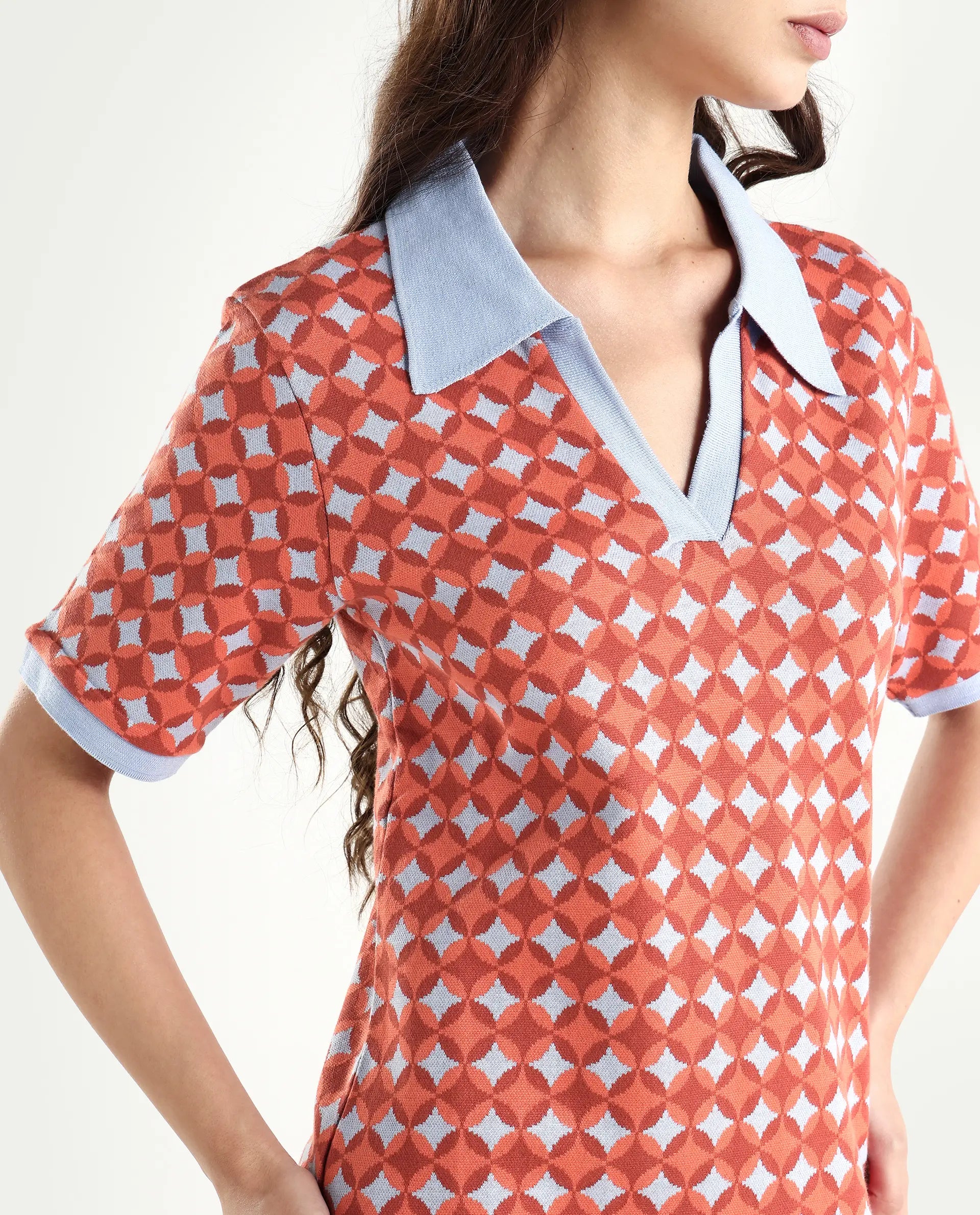 Rareism Women's Orri Multi Cotton Ribbed Collar Geometric Print Midi Relaxed Fit Dress