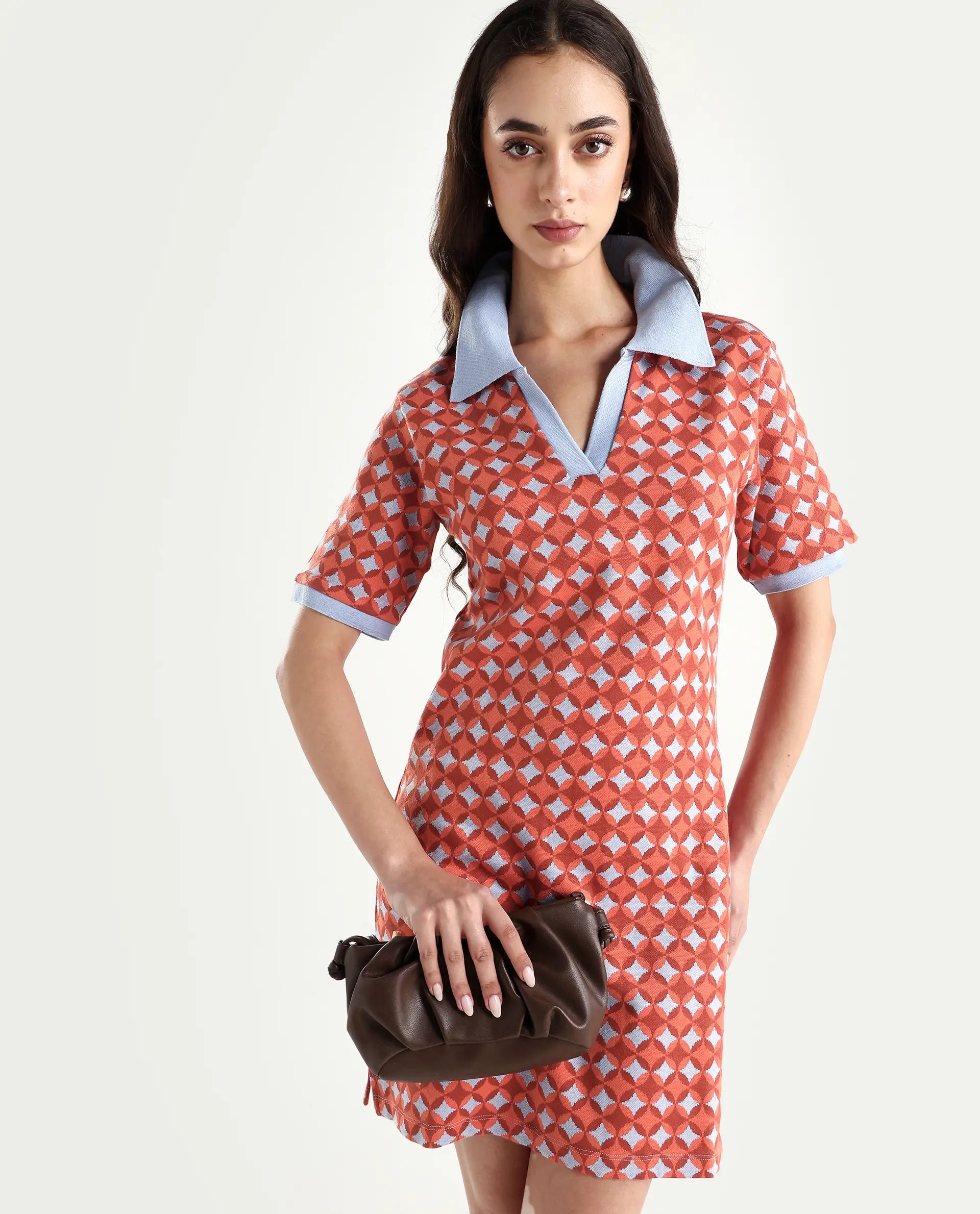 Rareism Women's Orri Multi Cotton Ribbed Collar Geometric Print Midi Relaxed Fit Dress