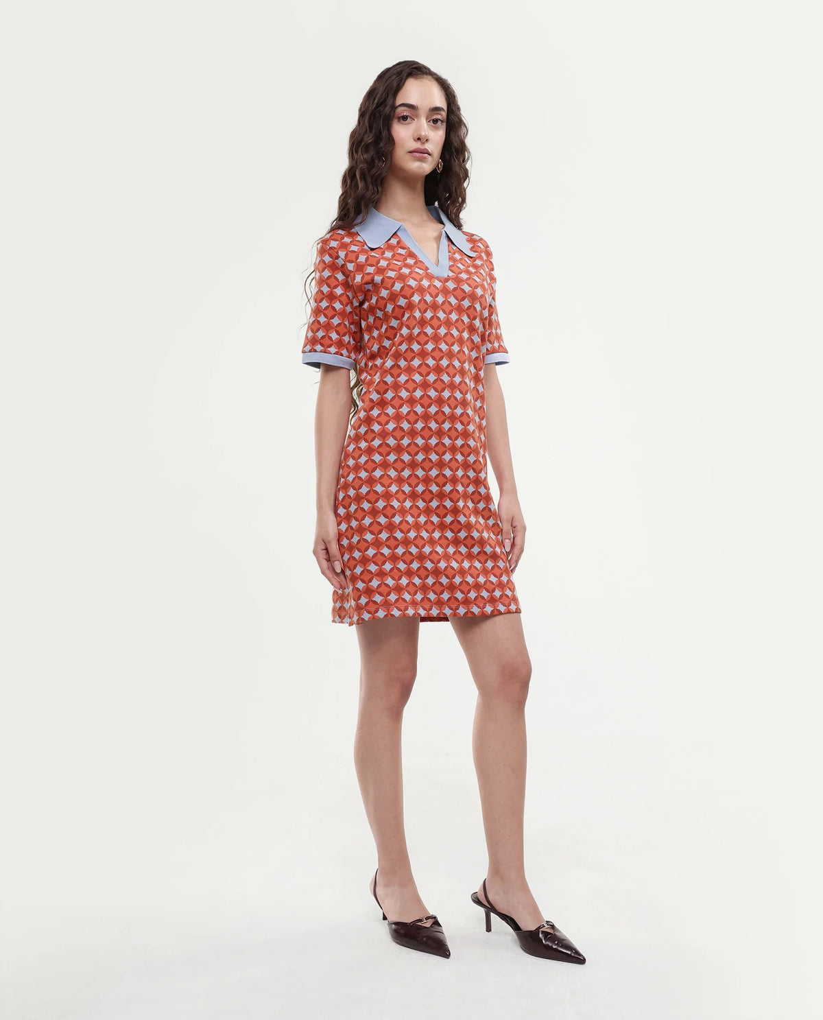 Rareism Women's Orri Multi Cotton Ribbed Collar Geometric Print Midi Relaxed Fit Dress