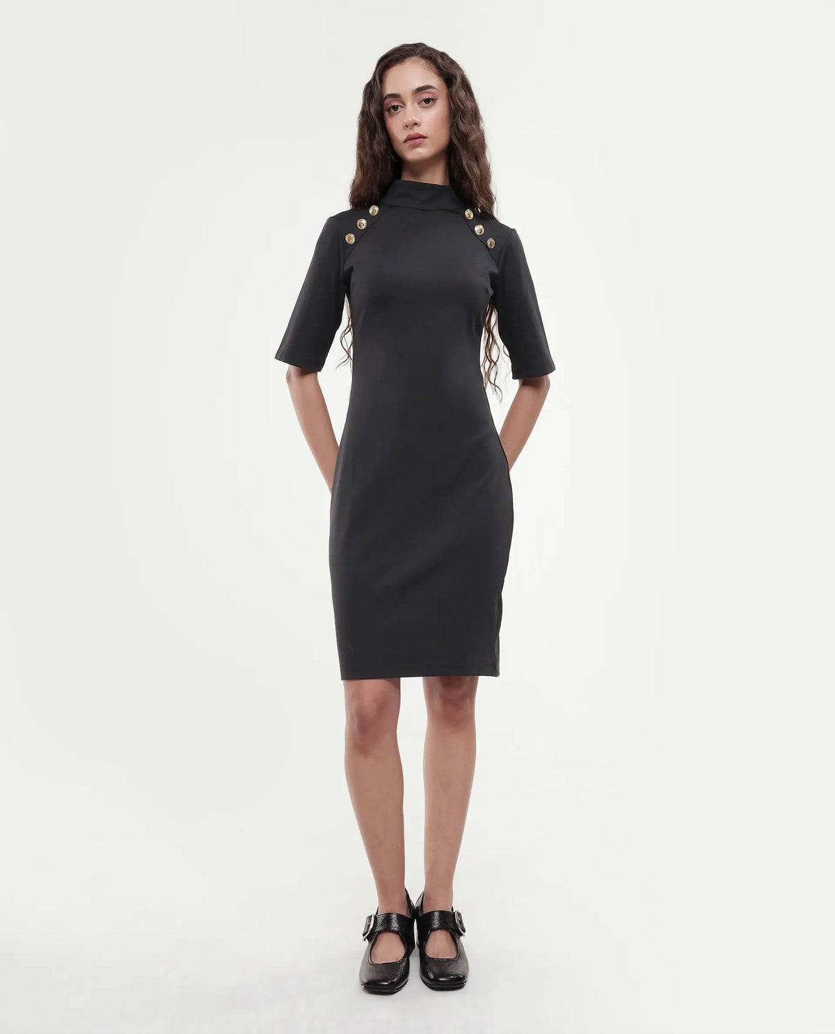 Rareism Women's Bolu Black Cotton Blend High Neck Plain Knee Length Slim Fit Dress