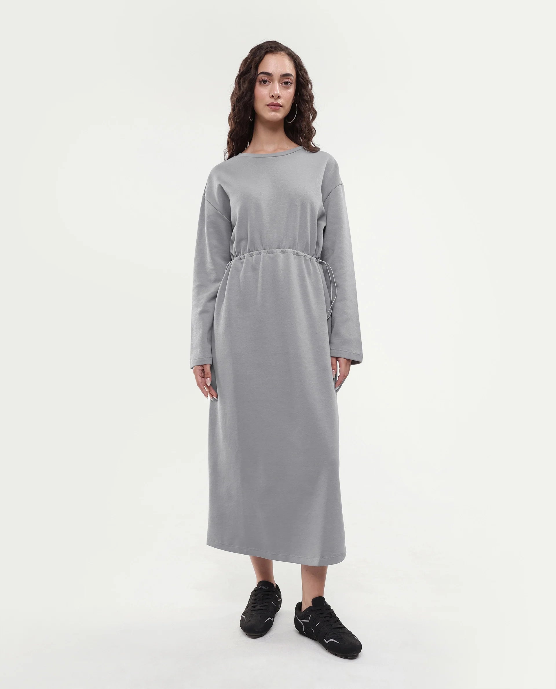 Rareism Women's Zarene Grey Cotton Blend Crew Neck Plain Maxi Regular Fit Dress