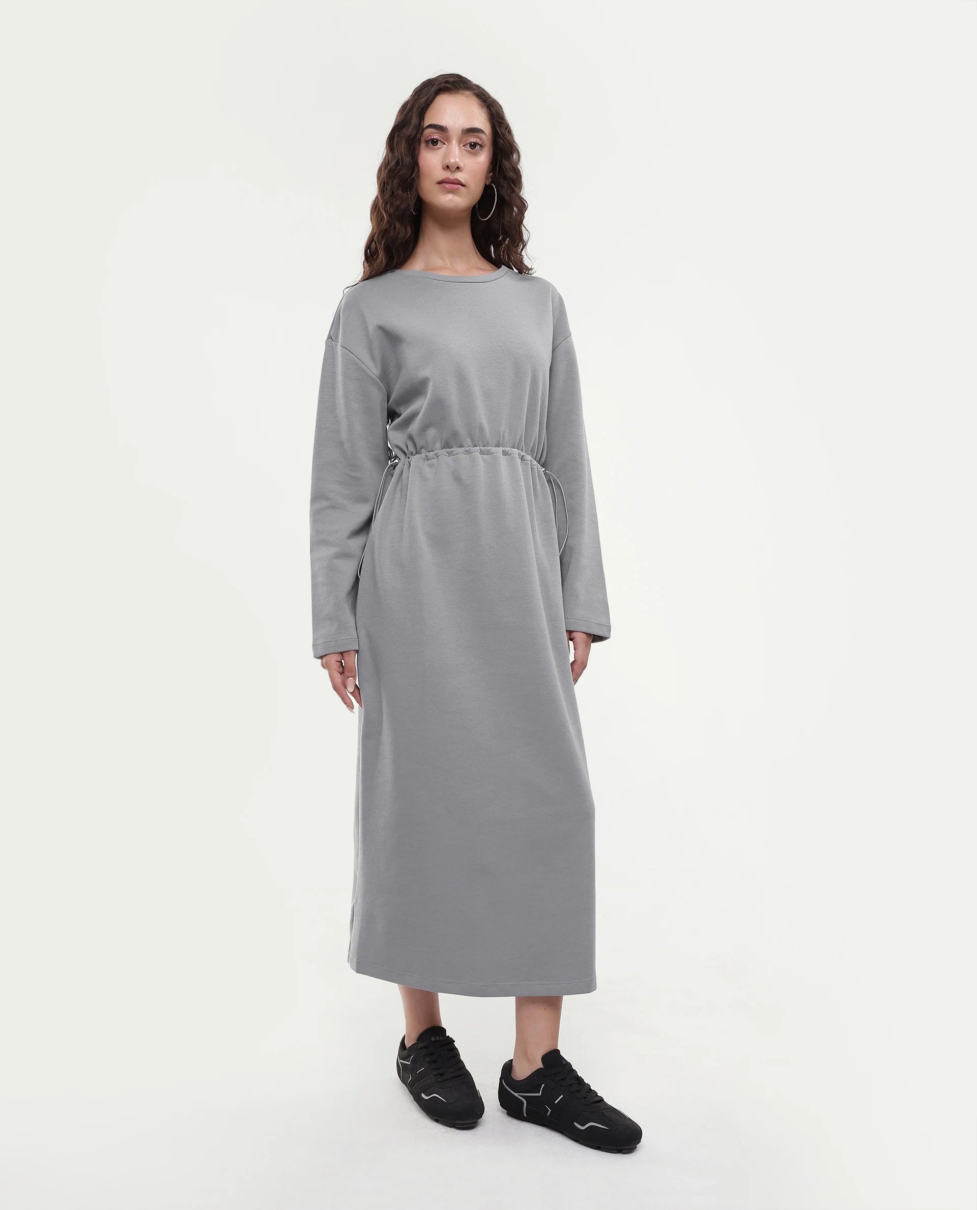Rareism Women's Zarene Grey Cotton Blend Crew Neck Plain Maxi Regular Fit Dress