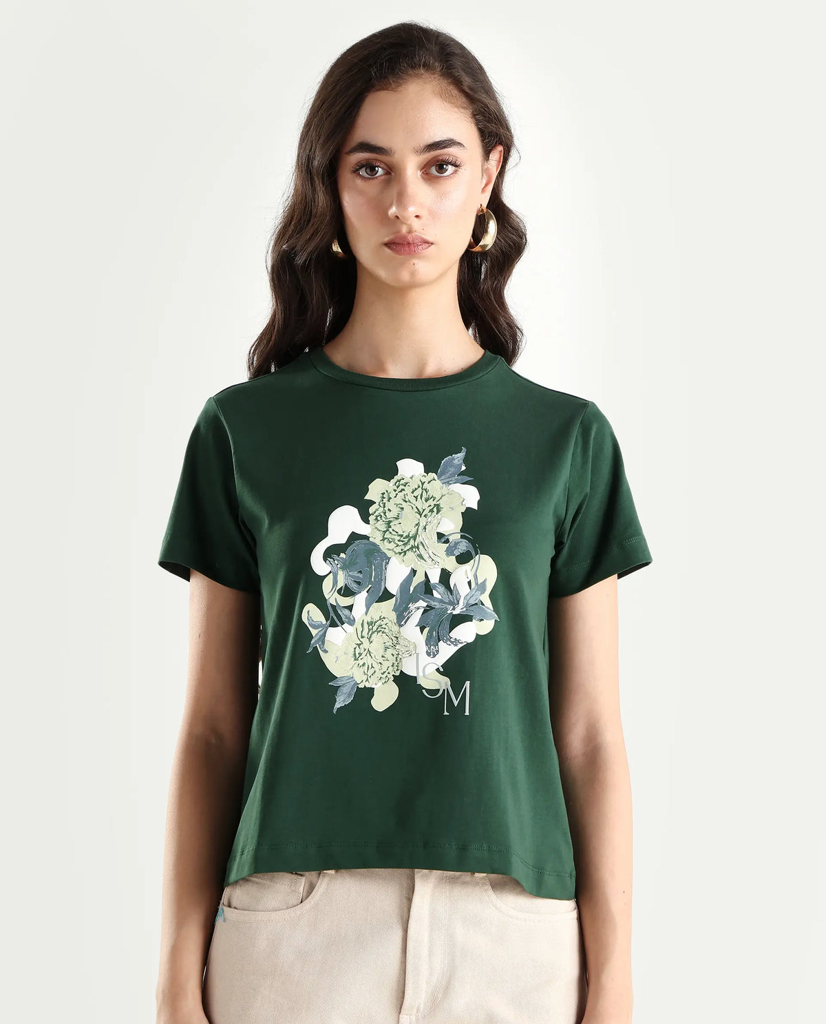 Rareism Women's Mirth Olive Cotton Blend Crew Neck Graphic Print Regular Fit T-Shirt