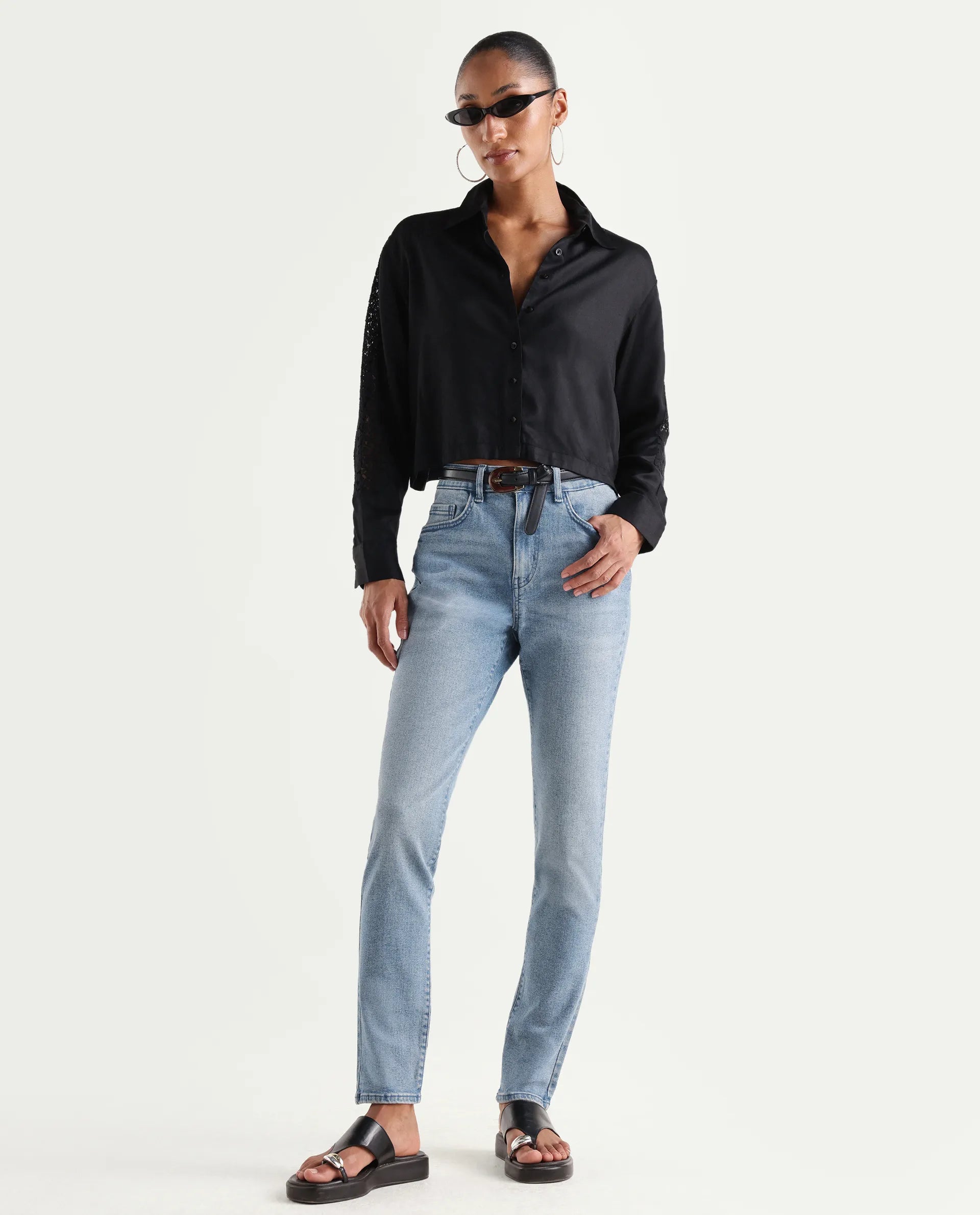 Rareism Women's Zingo Light Blue Cotton Blend Plain Ankle Length Skinny Fit Jeans