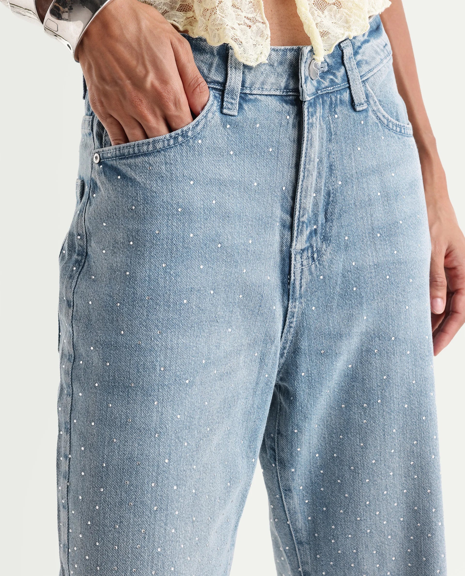 Rareism Women's Study Blue Cotton Blend Plain Ankle Length Smart Straight Fit Jeans