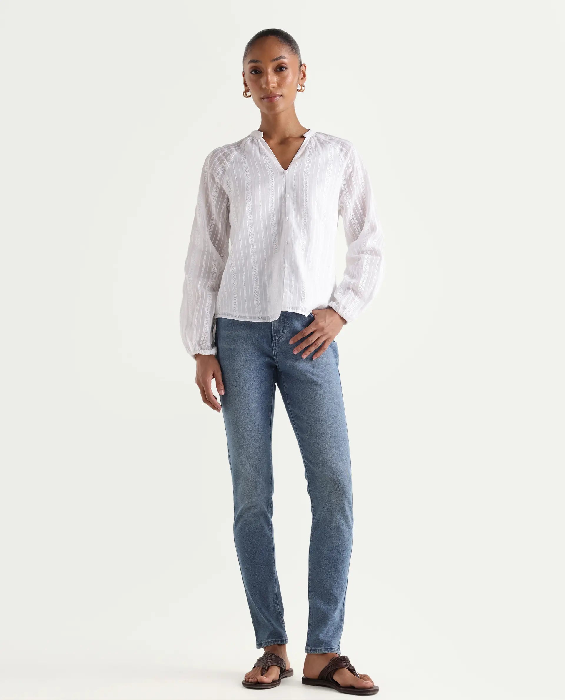 Rareism Women's Zinga Blue Cotton Blend Plain Ankle Length Skinny Fit Jeans