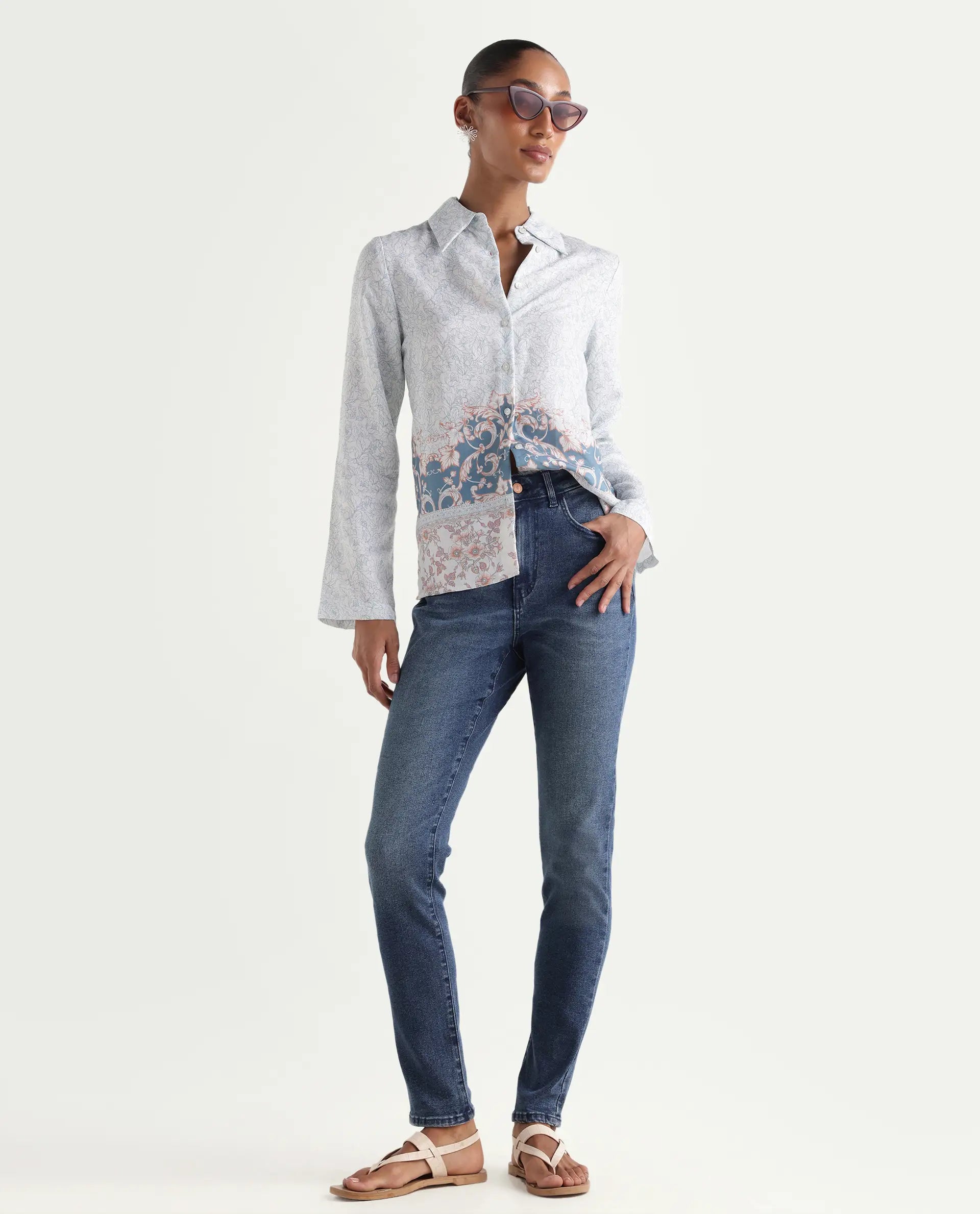 Rareism Women's Zing Blue Cotton Blend Plain Ankle Length Sleek Skinny Fit Jeans