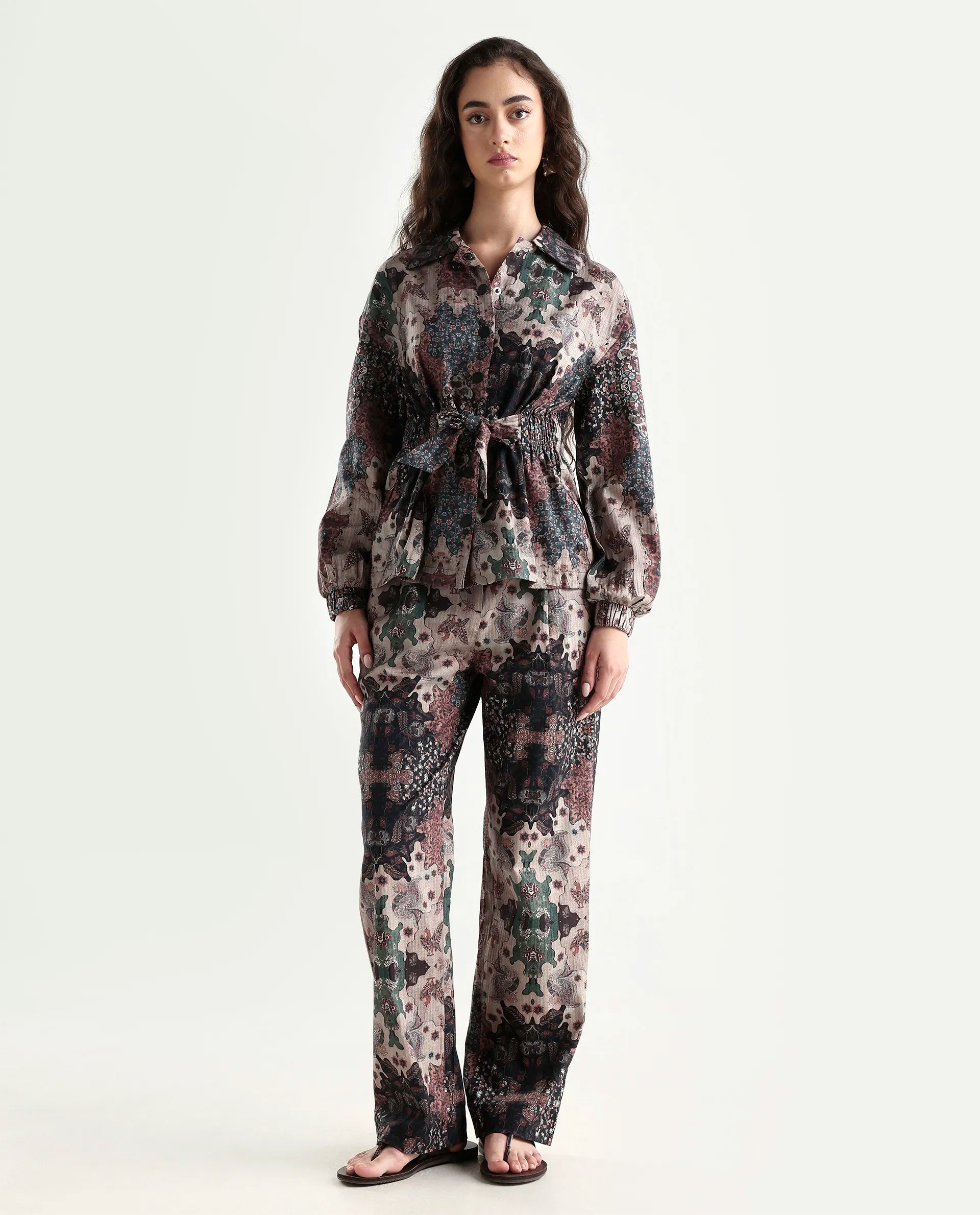 Rareism Women's Rotika B Dark Multi Cotton Blend Abstract Print Ankle Length Straight Fit Trouser