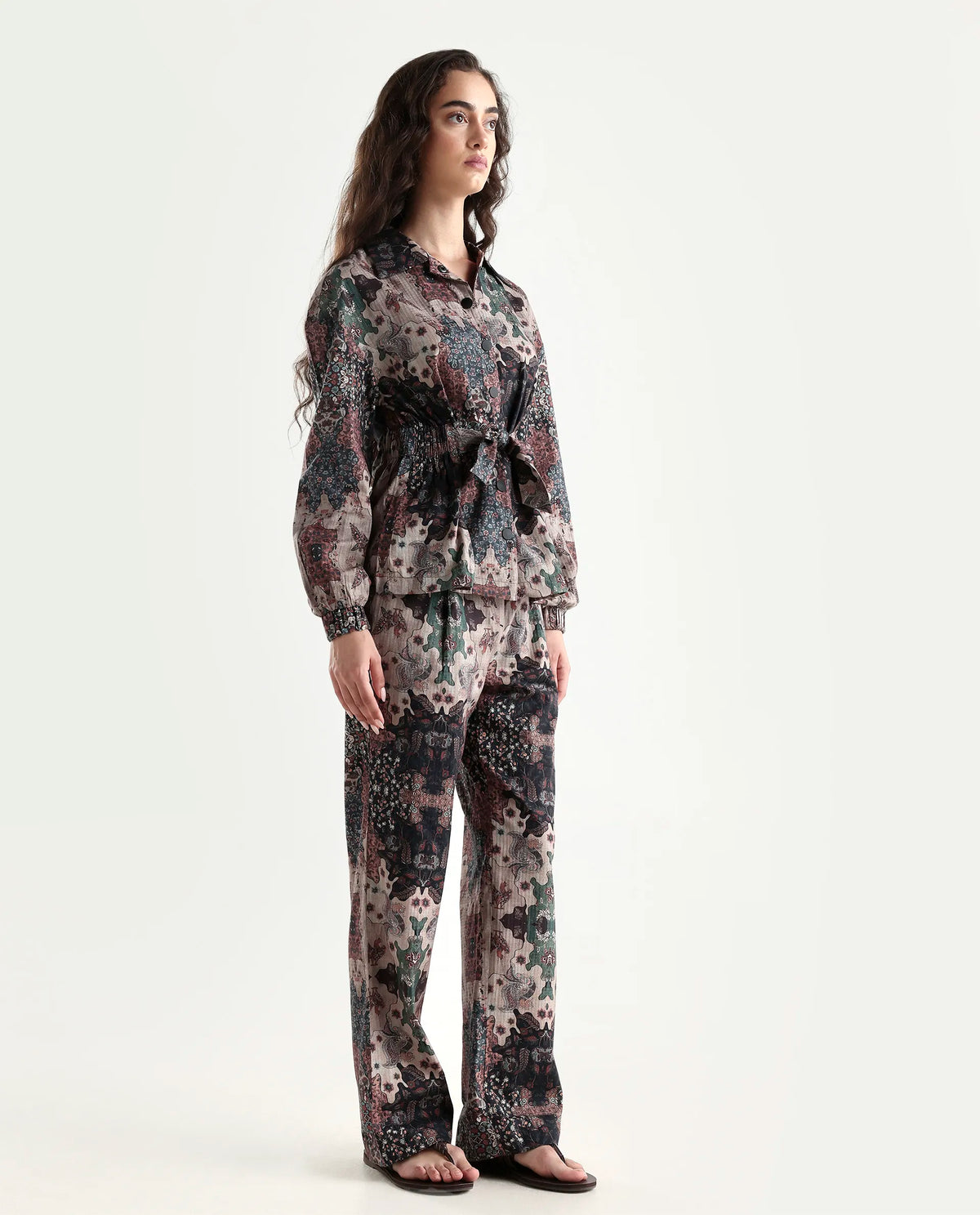 Rareism Women's Rotika B Dark Multi Cotton Blend Abstract Print Ankle Length Straight Fit Trouser