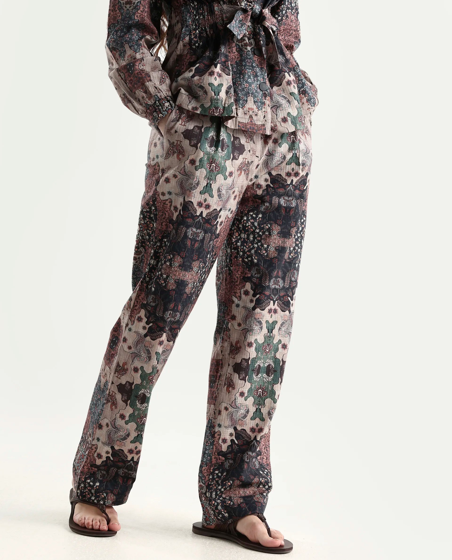 Rareism Women's Rotika B Dark Multi Cotton Blend Abstract Print Ankle Length Straight Fit Trouser