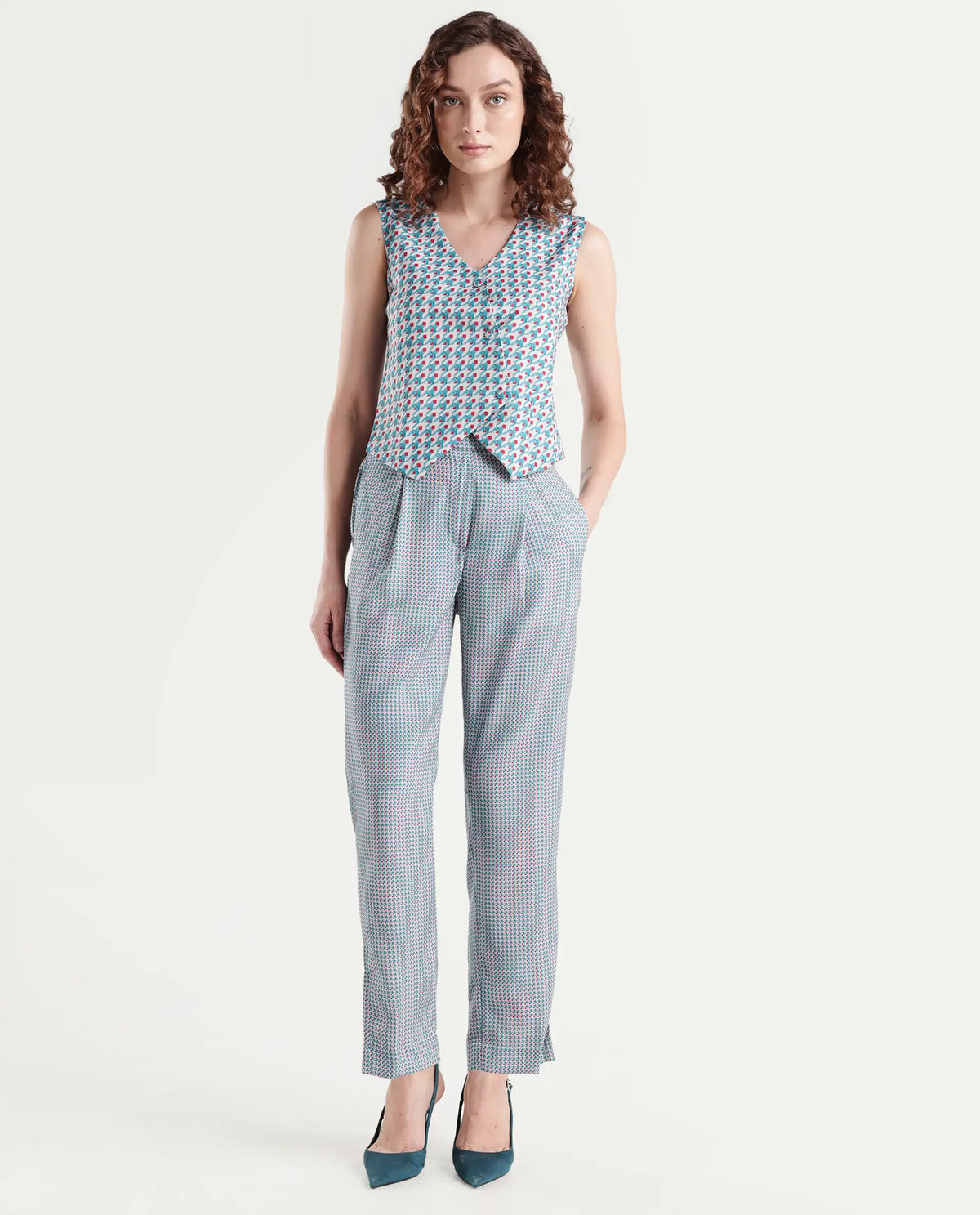 Rareism Women's Utkil B Multi Polyester Houndstooth Print Ankle Length Straight Fit Trouser