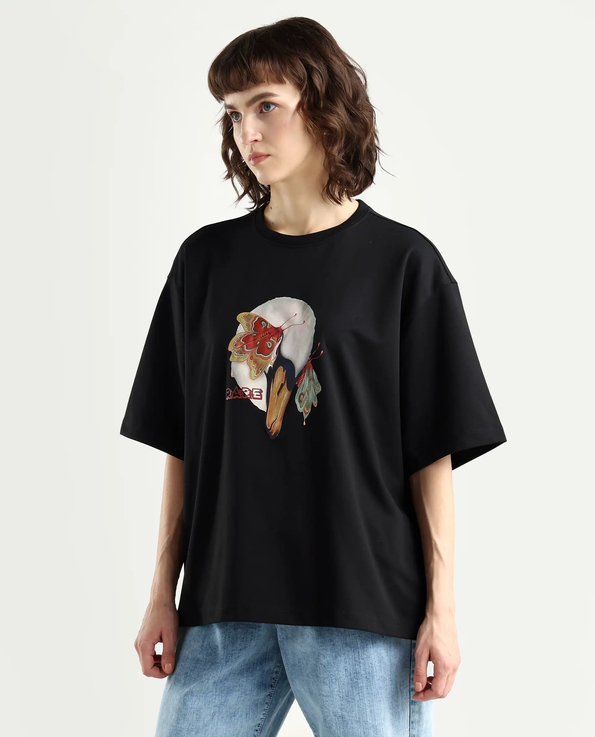 Rareism Women's Grail Black Cotton Blend Crew Neck Graphic Print Oversized T-Shirt