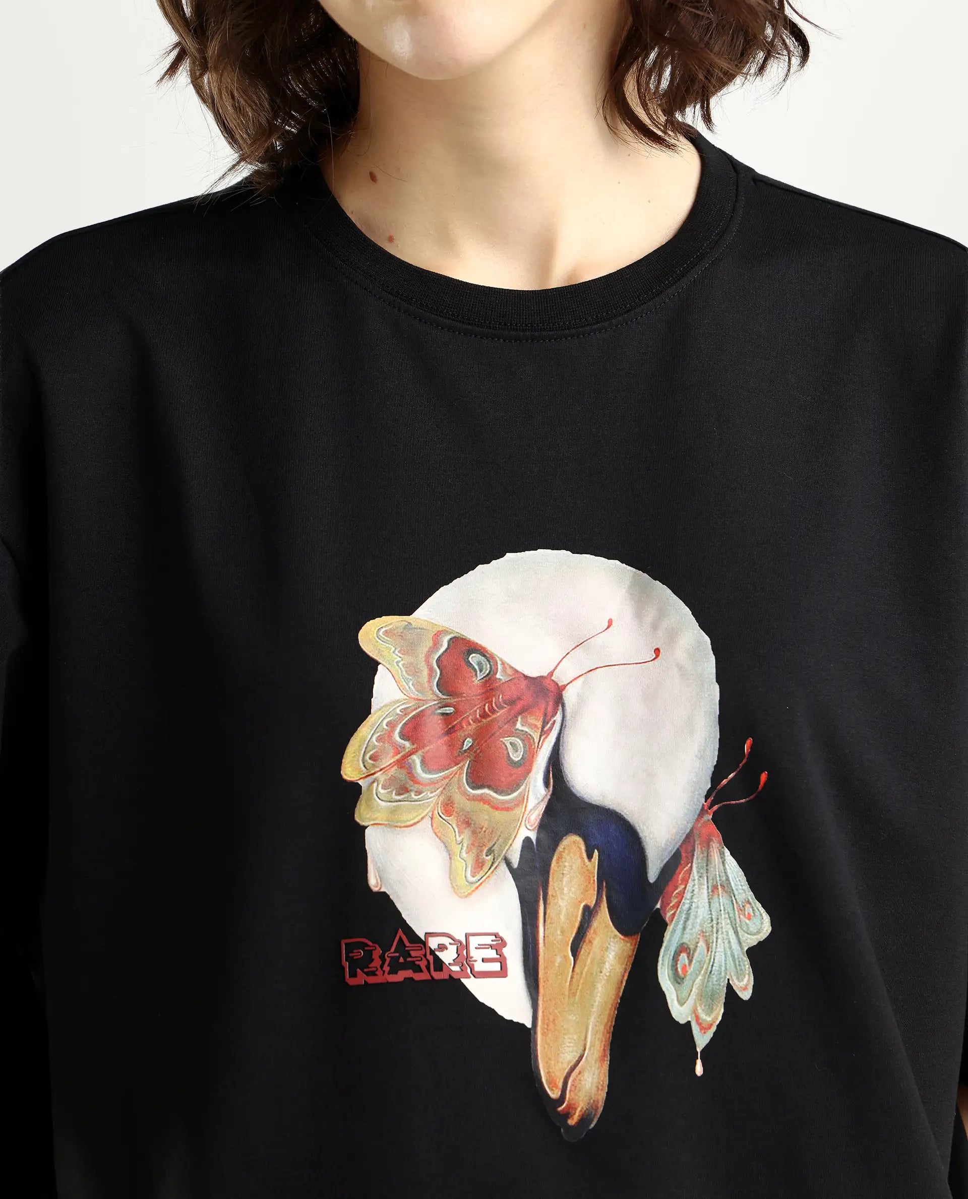 Rareism Women's Grail Black Cotton Blend Crew Neck Graphic Print Oversized T-Shirt