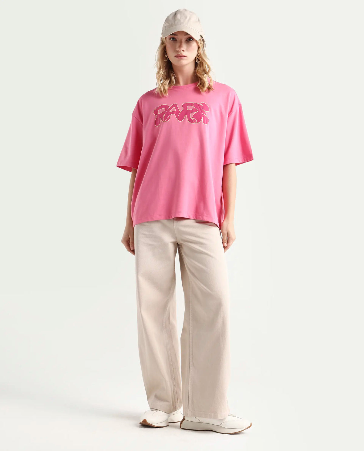 Rareism Women's Zines Pink Cotton Blend Crew Neck Graphic Print Oversized T-Shirt Oversize