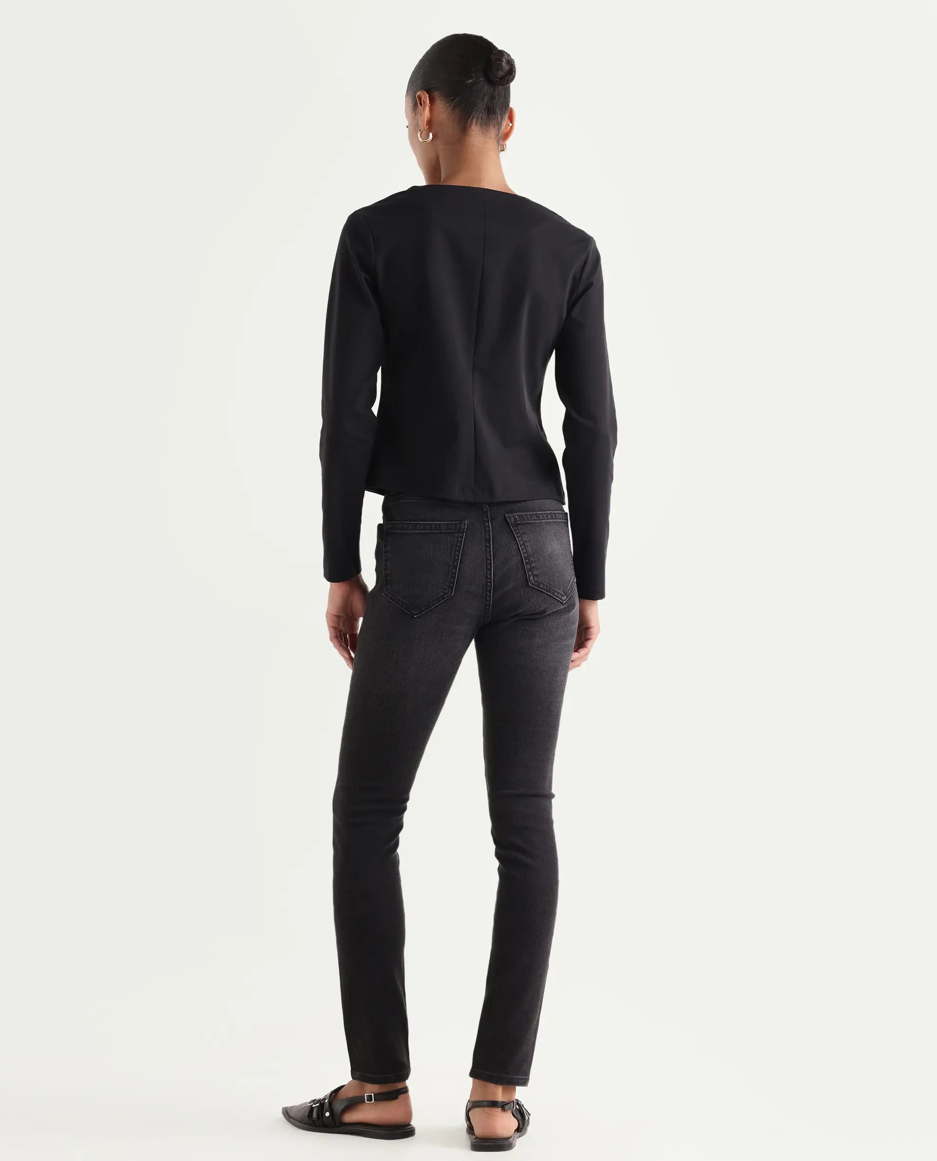Rareism Women's Zingy Black Cotton Blend Plain Ankle Length Sleek Skinny Fit Jeans