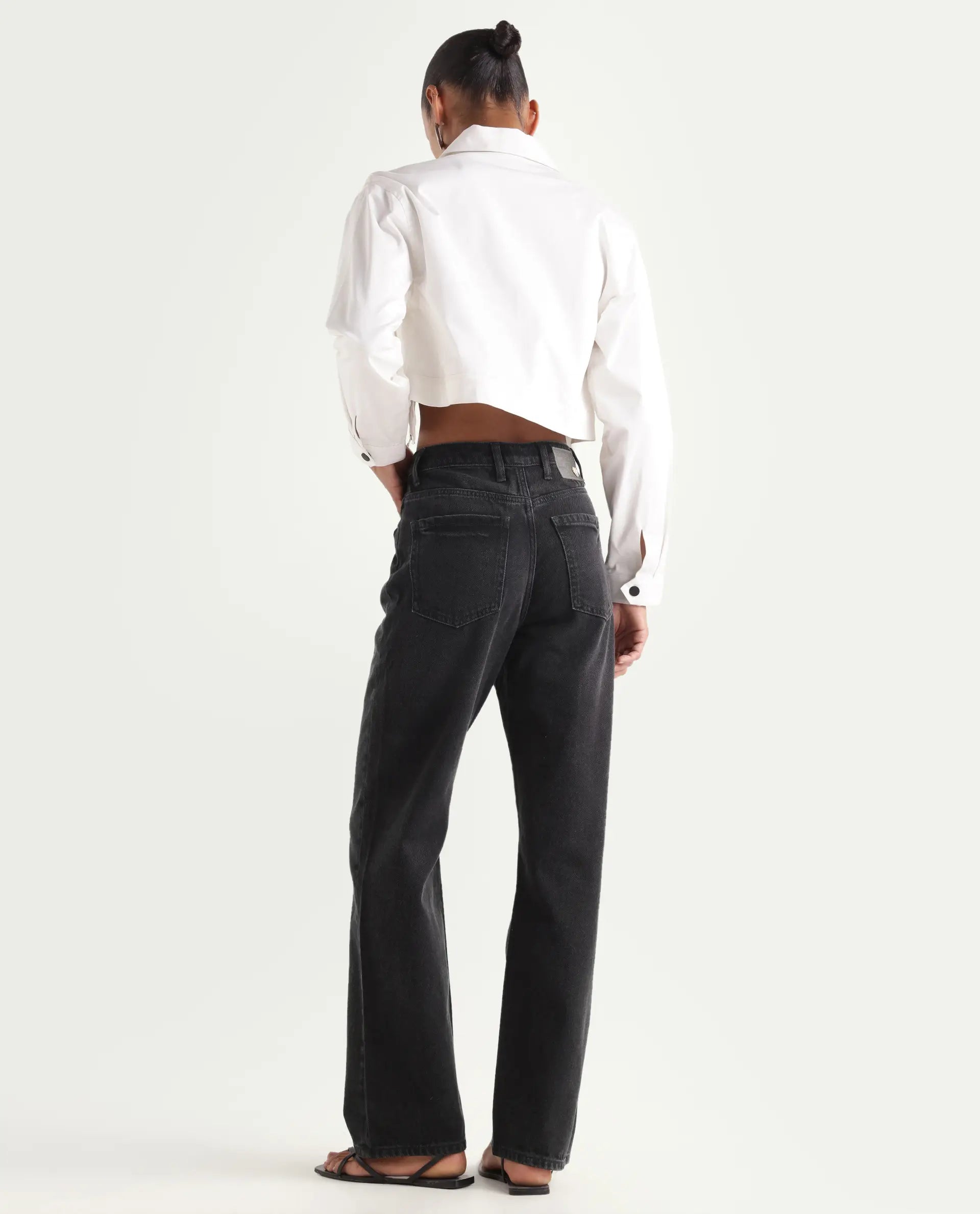 Rareism Women's Beuro Black Cotton Blend Plain Ankle Length Straight Fit Jeans
