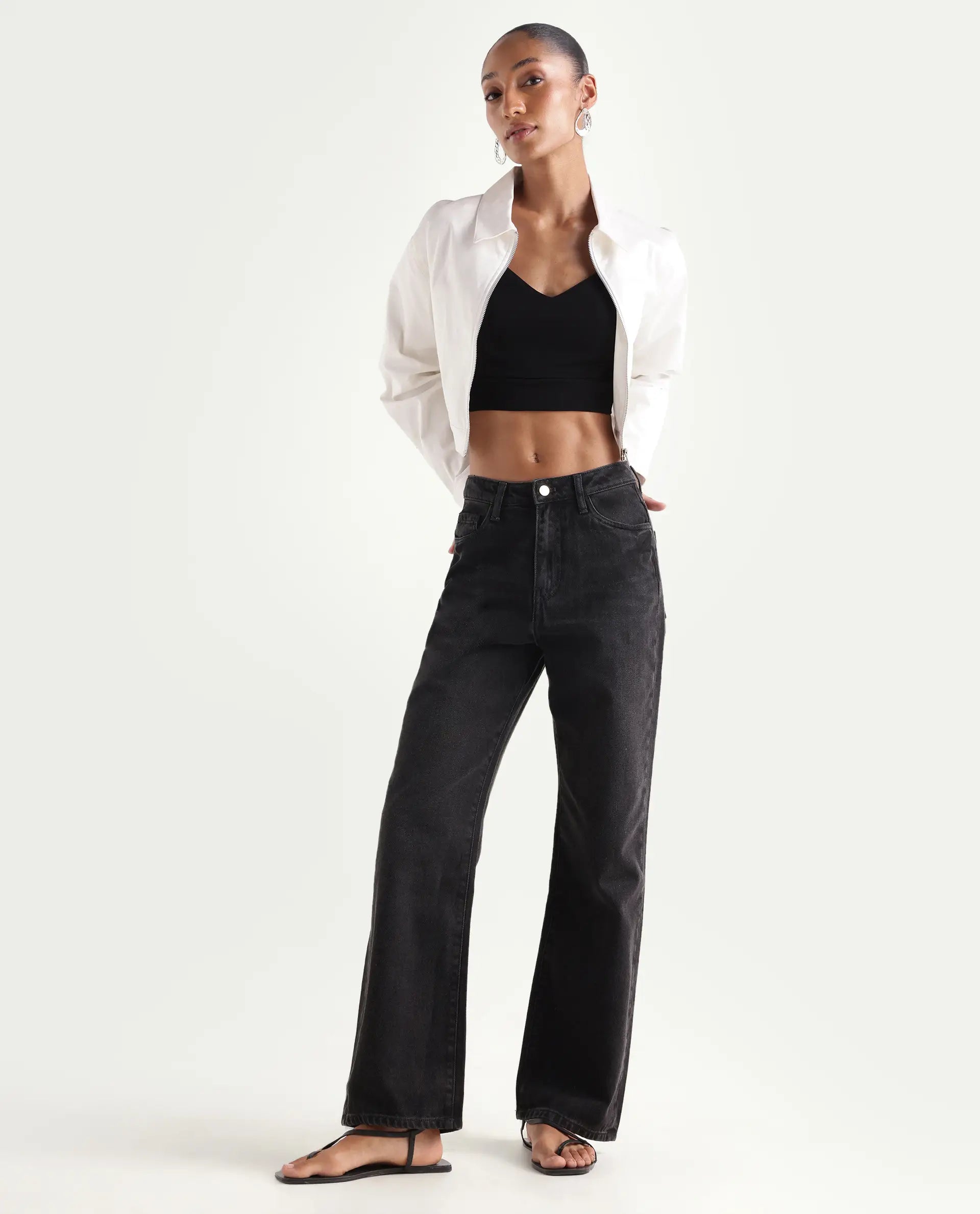 Rareism Women's Beuro Black Cotton Blend Plain Ankle Length Straight Fit Jeans