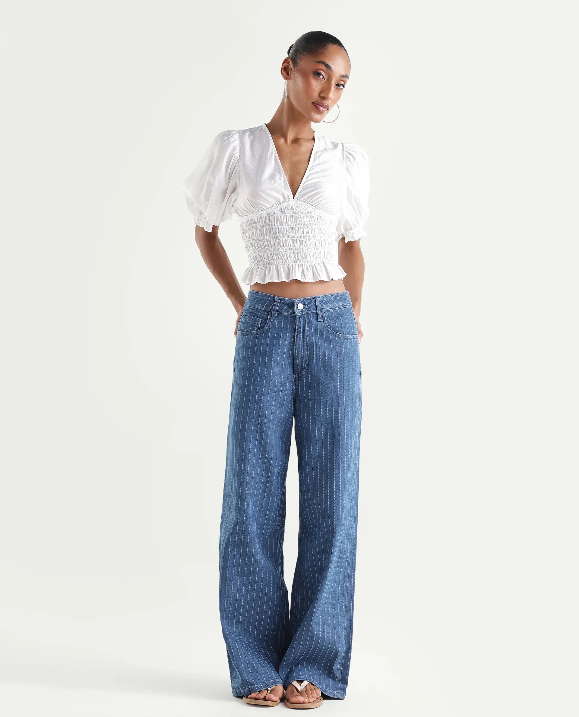 Rareism Women's Minik Blue Cotton Blend Striped Ankle Length Wide Jeans