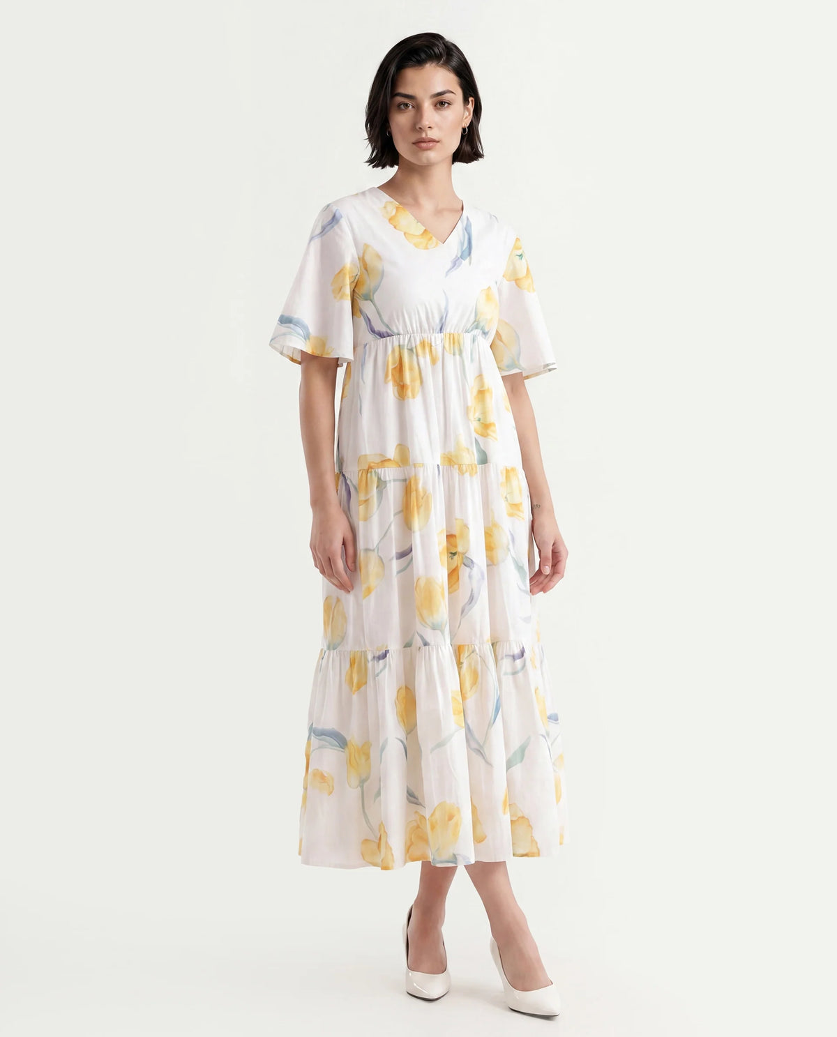Rareism Women's Janpa Off White Cotton Overlap Neck Floral Print Ruffled Sleeve Maxi Fit And Flare Dress