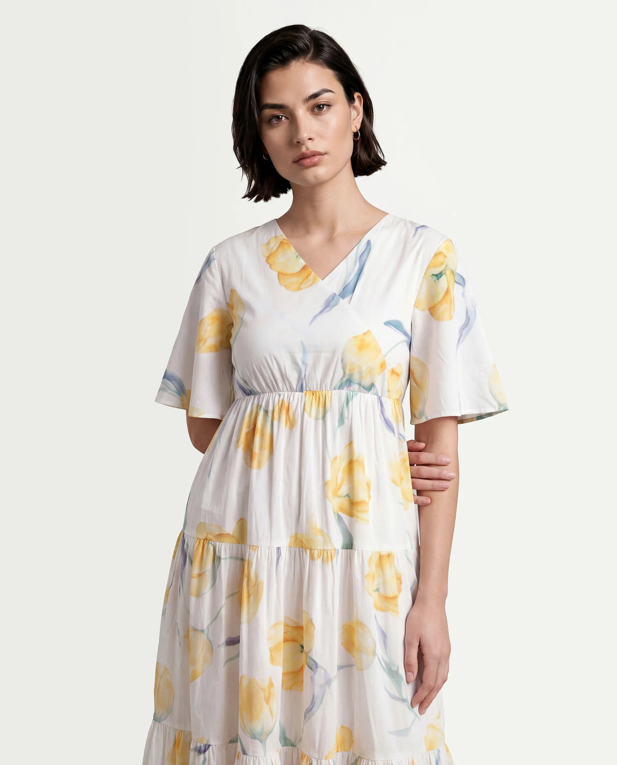 Rareism Women's Janpa Off White Cotton Overlap Neck Floral Print Ruffled Sleeve Maxi Fit And Flare Dress