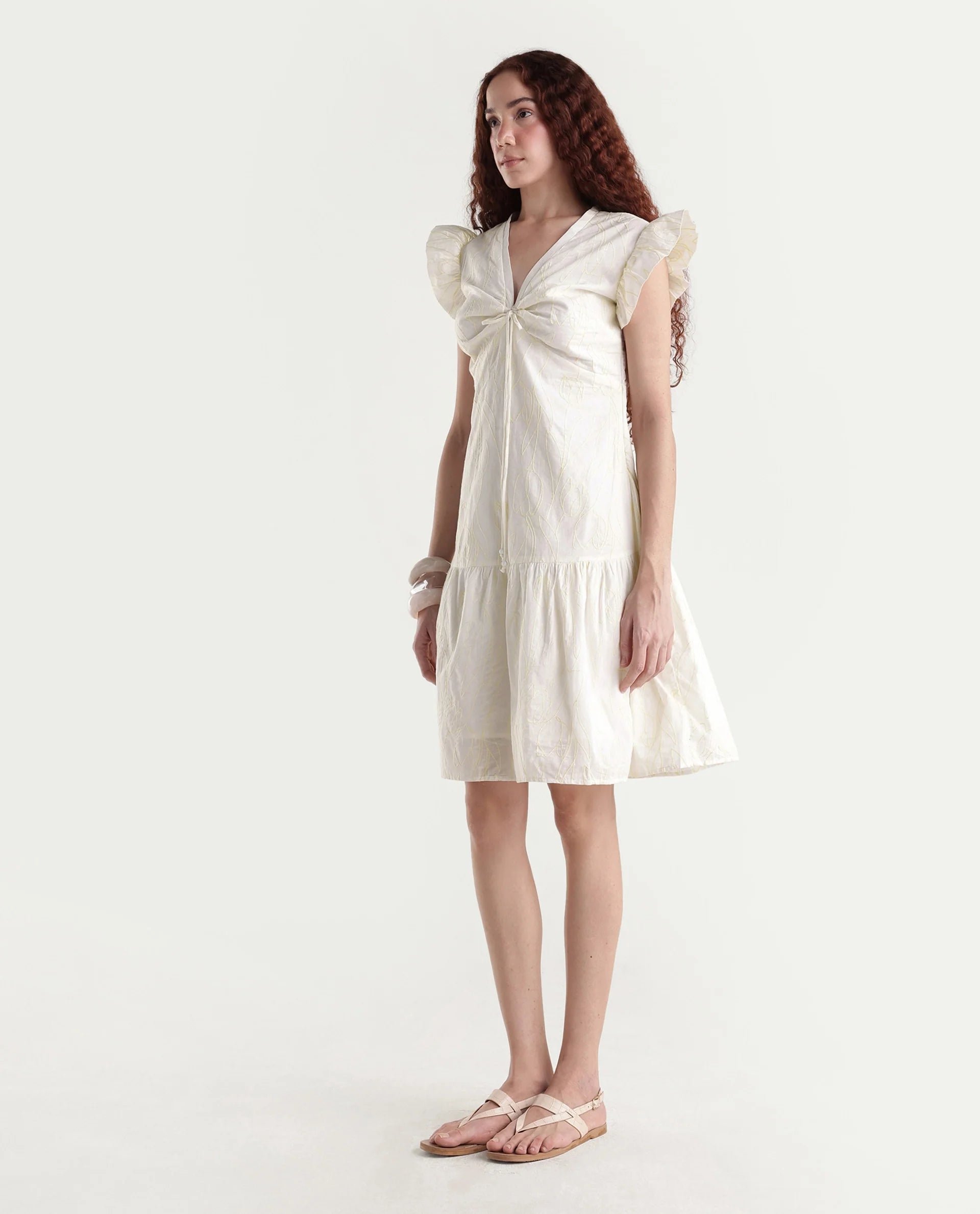 Rareism Women's Janarivi Off White Cotton V-Neck Embroidered Ruffled Sleeve Knee Length Fit And Flare Dress