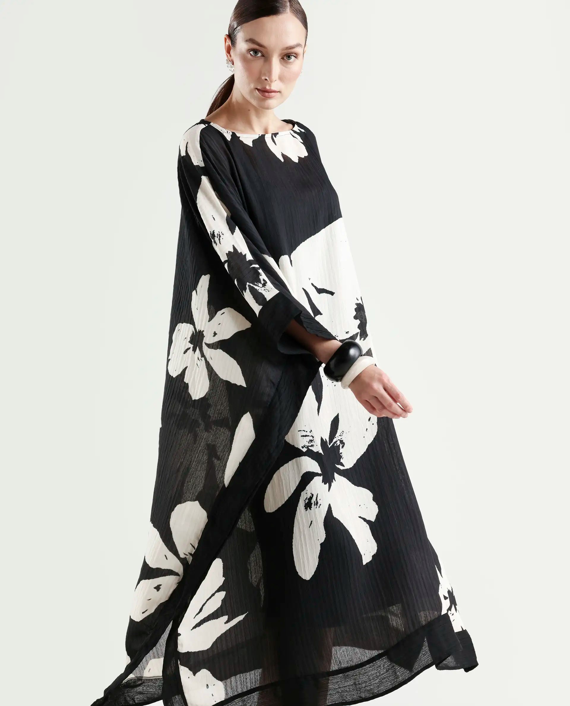 Rareism Women's Janarea Black Polyester Boat Neck Abstract Print Kaftan Sleeve Midi Kaftan Dress