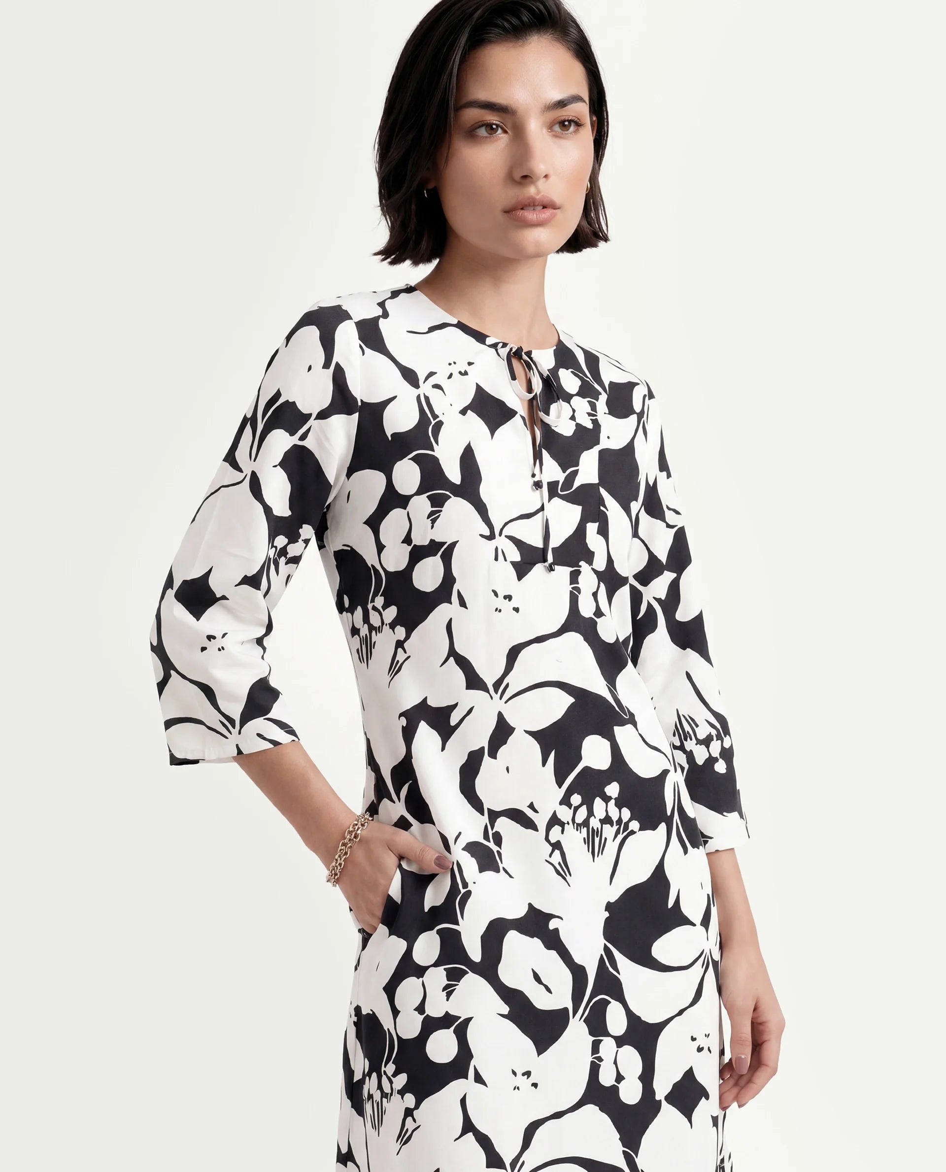Rareism Women's Janzen Black Viscose Tie-Up Neck Floral Print Bell Sleeve Midi Straight Fit Dress